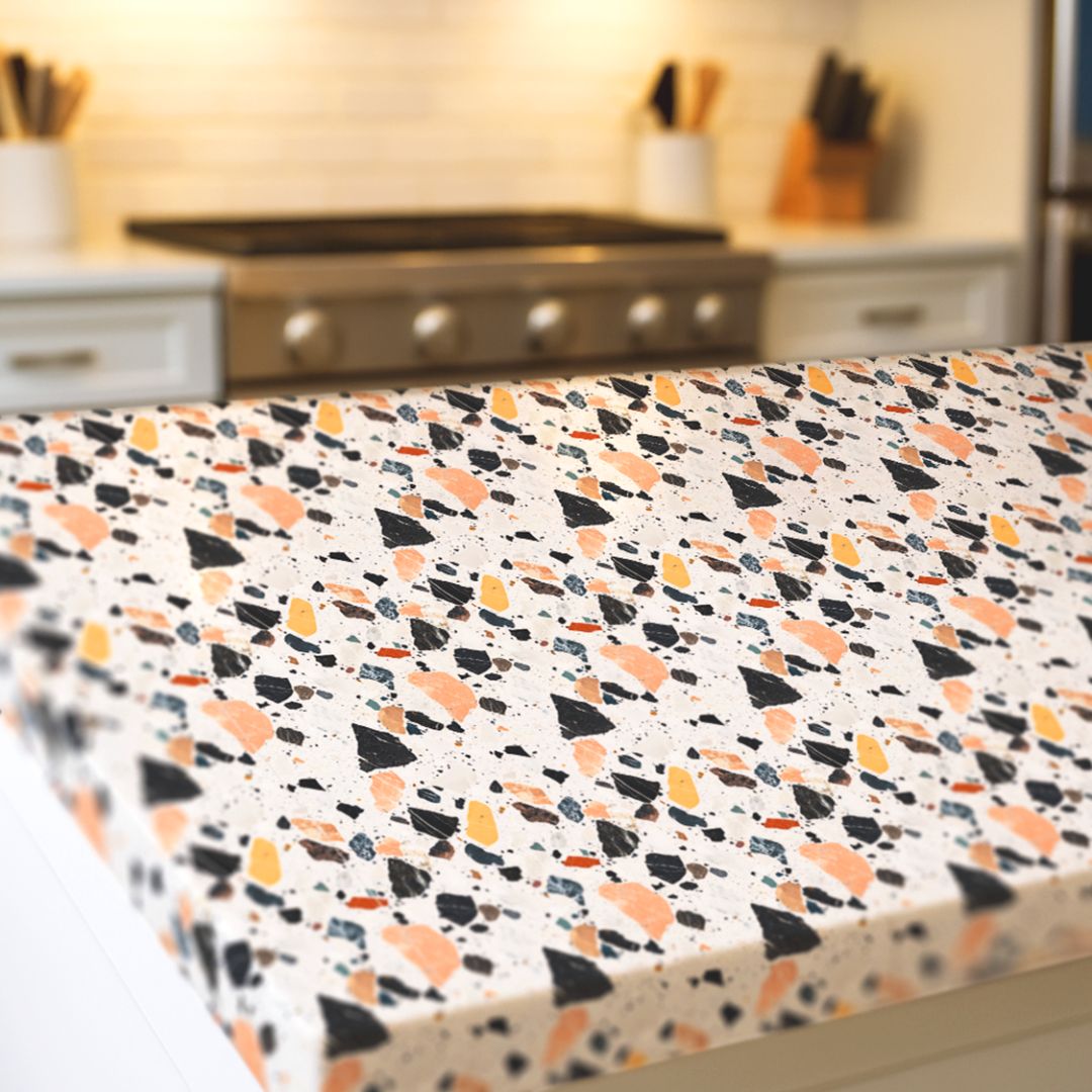 Marlo Terra Stone Countertop Film close-up highlighting the smooth stone-like surface and modern terrazzo details