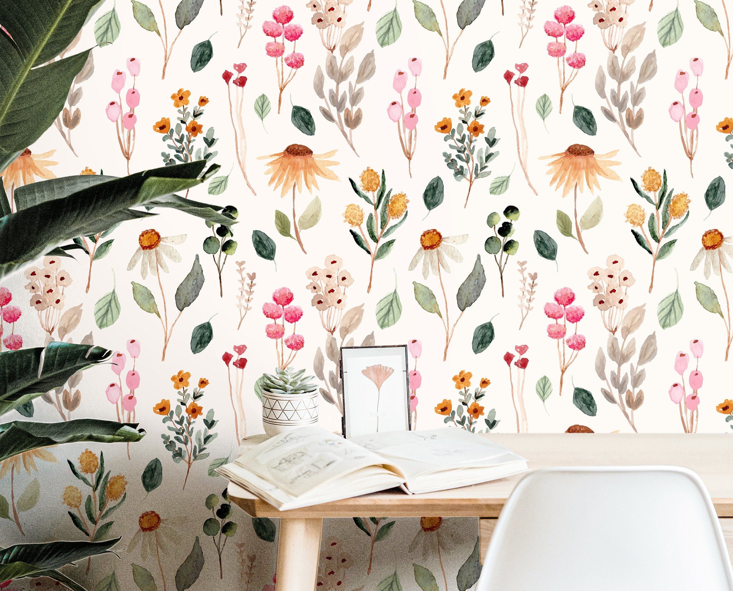 watercolor wildflower wallpaper 3886 with peach and blush tones