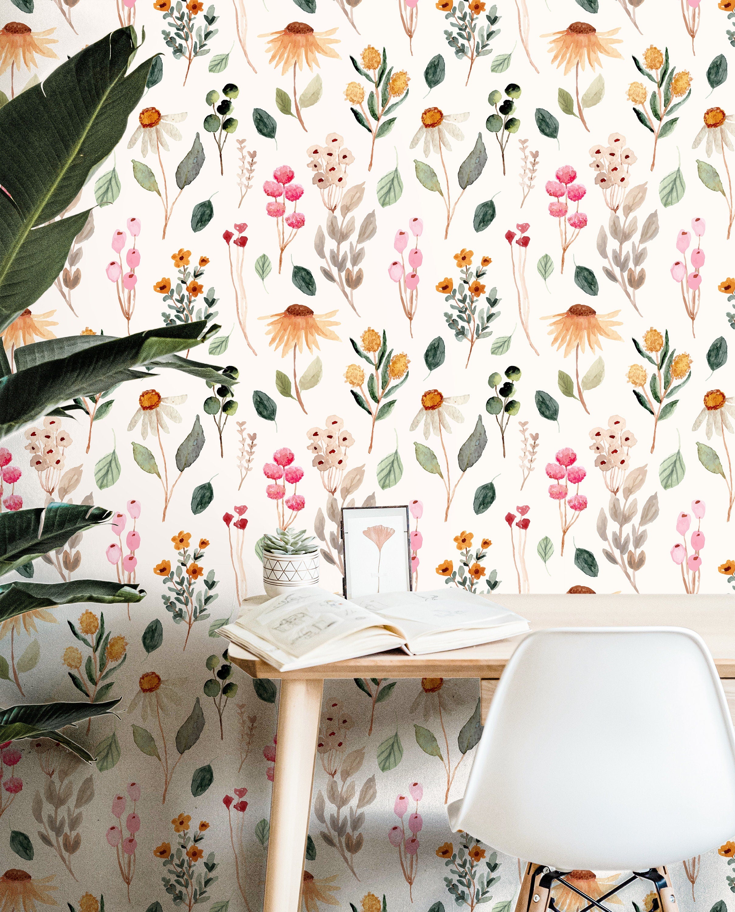 watercolor wildflower wallpaper 3886 with peach and blush tones