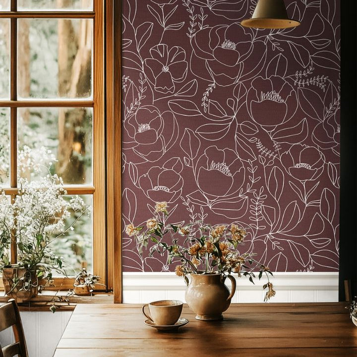 Open Bloom in Merlot floral wallpaper with delicate white line‑drawn botanical pattern