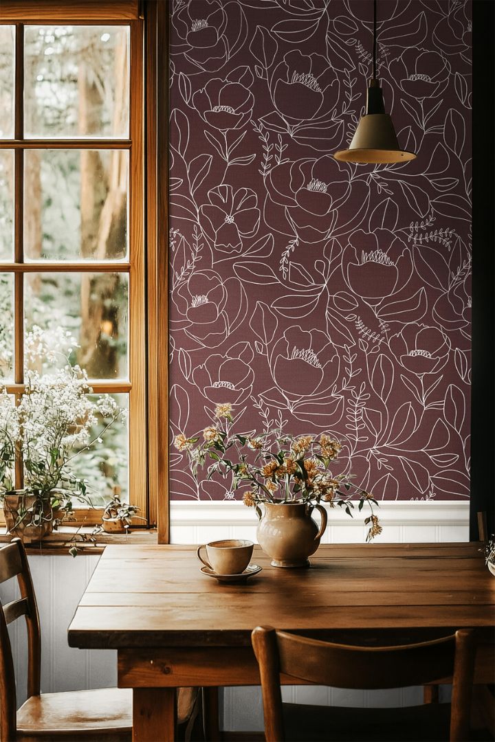 Open Bloom in Merlot floral wallpaper with delicate white line‑drawn botanical pattern