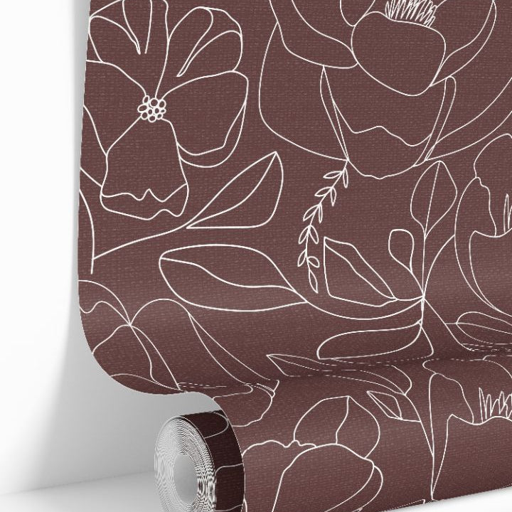 Wallpaper roll of Open Bloom in Merlot floral wallpaper with white botanical outlines