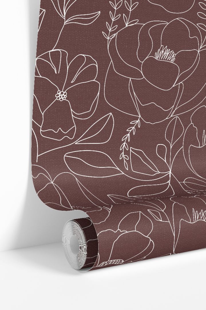 Wallpaper roll of Open Bloom in Merlot floral wallpaper with white botanical outlines