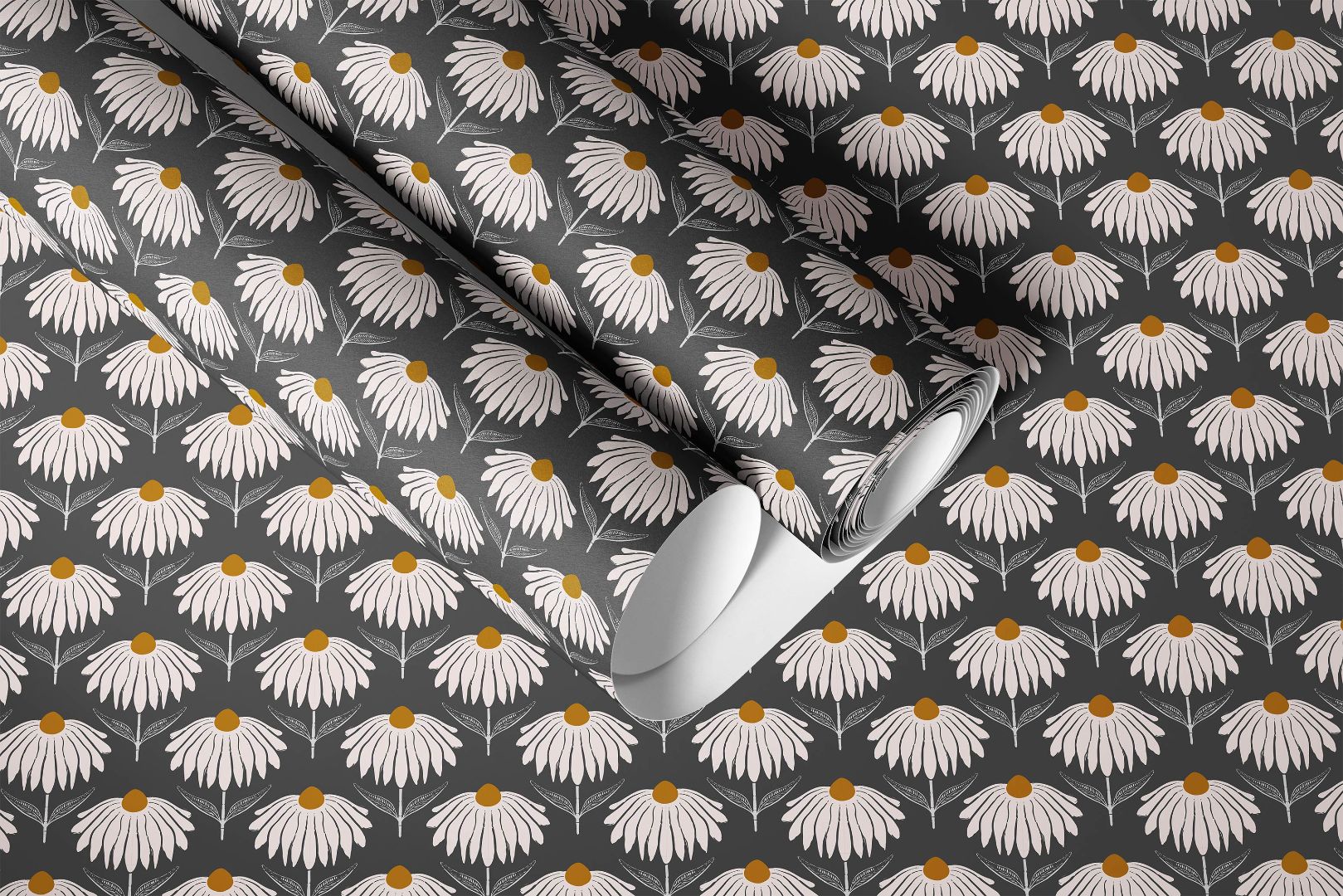 Midnight Chamomile Peel and Stick Contact Paper showing floral pattern on deep charcoal background with warm matte finish
