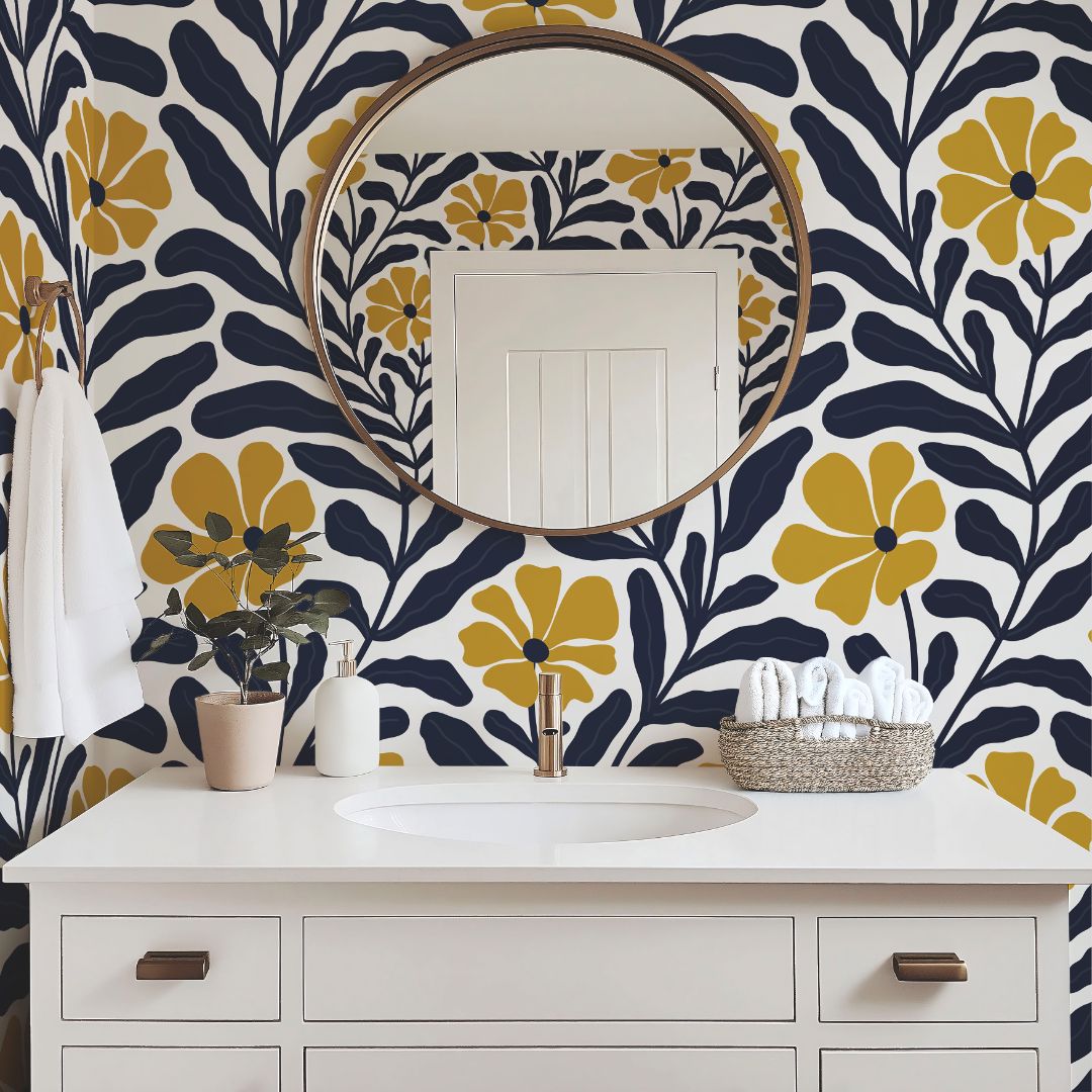 midnight marigold navy floral wallpaper in bathroom with navy vanity