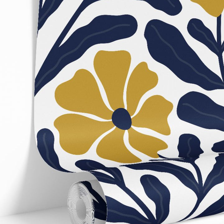 close-up of navy leaves and golden marigold flowers wallpaper pattern