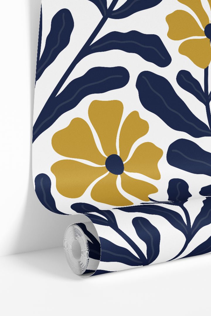 close-up of navy leaves and golden marigold flowers wallpaper pattern