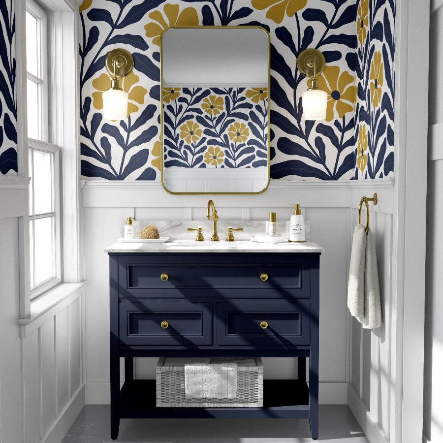designer floral wallpaper detail in navy and gold for interiors