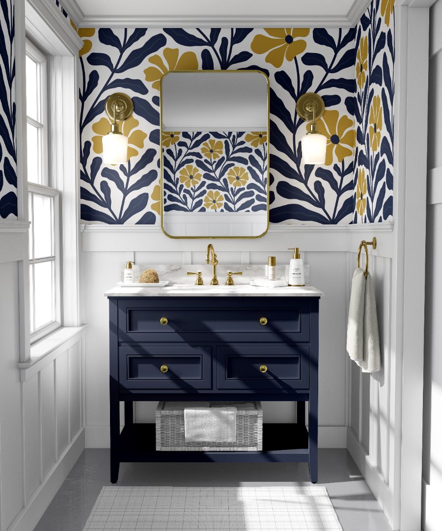 designer floral wallpaper detail in navy and gold for interiors