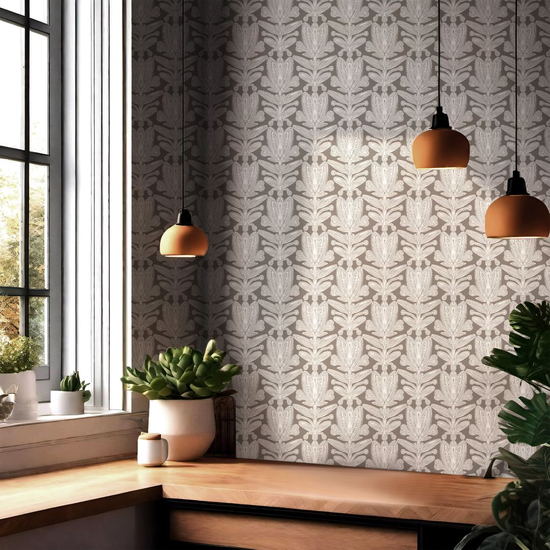 Minkridge Florette structured floral wallpaper in mink and taupe tones with symmetrical ornamental floral pattern