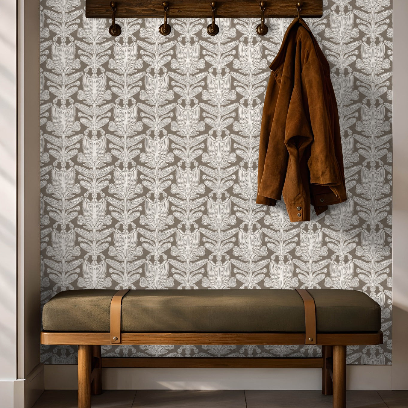 Minkridge Florette structured floral wallpaper in mink and taupe tones with symmetrical ornamental floral pattern