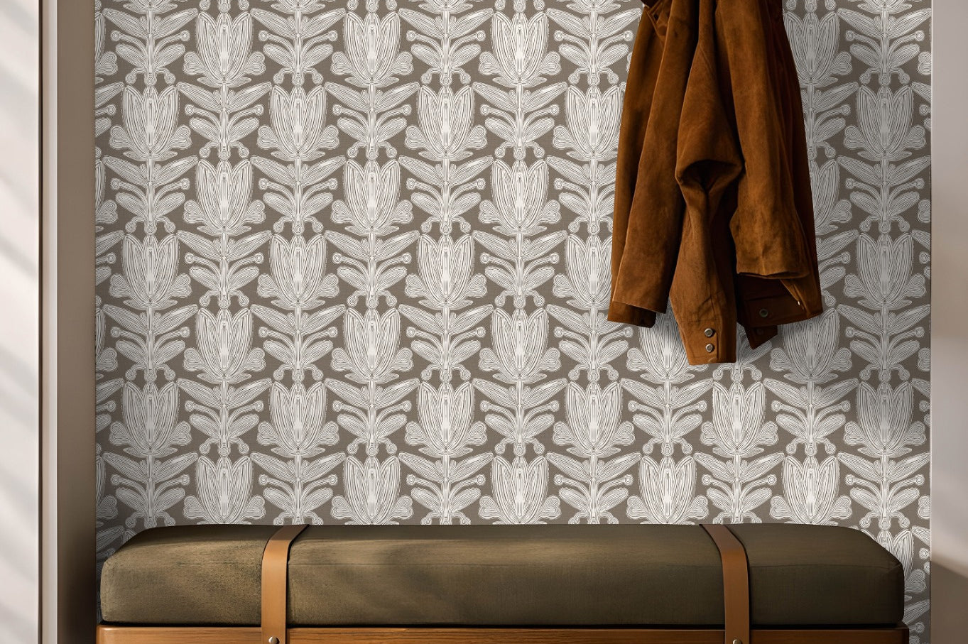 Minkridge Florette structured floral wallpaper in mink and taupe tones with symmetrical ornamental floral pattern