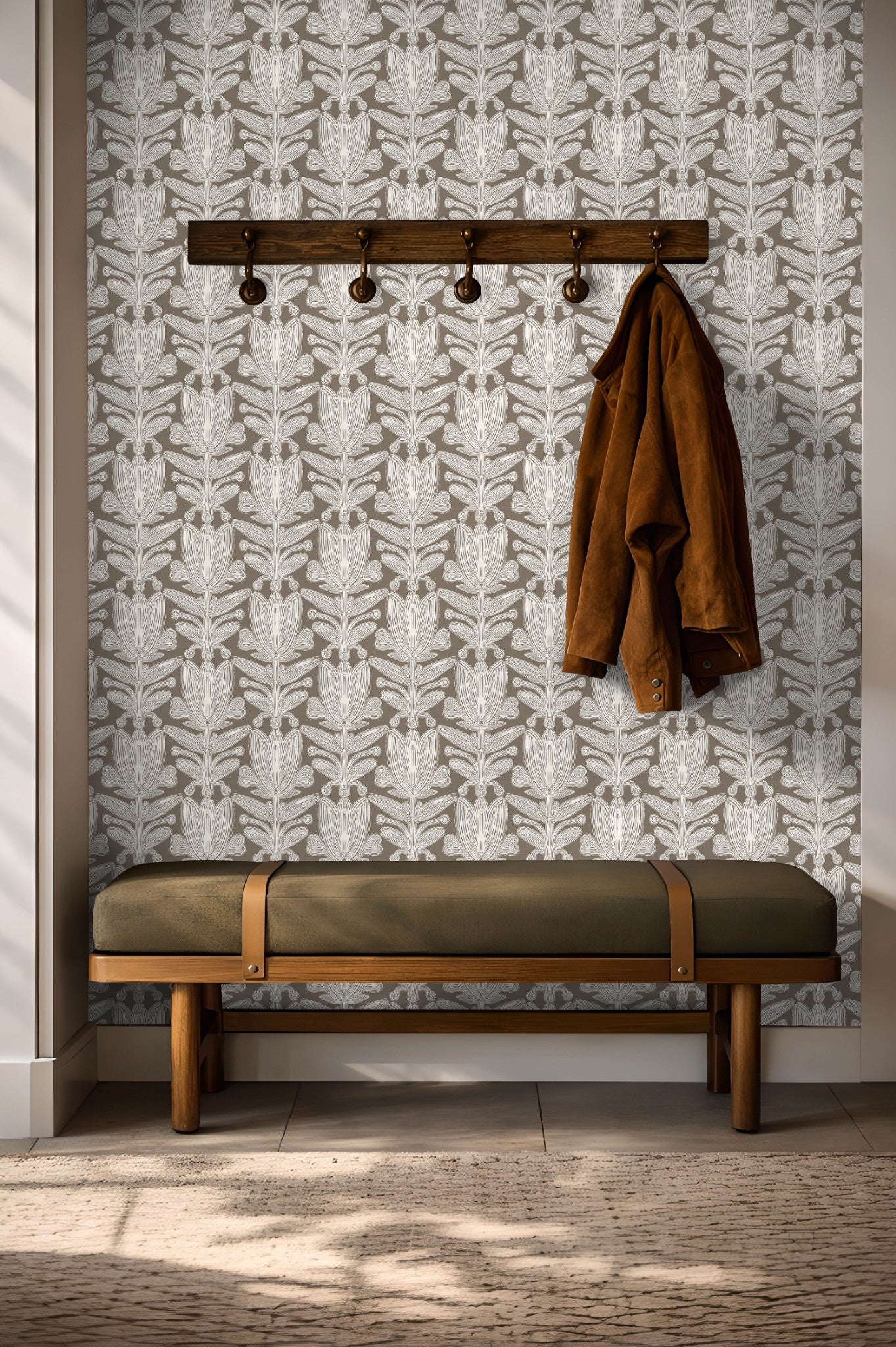 Minkridge Florette structured floral wallpaper in mink and taupe tones with symmetrical ornamental floral pattern