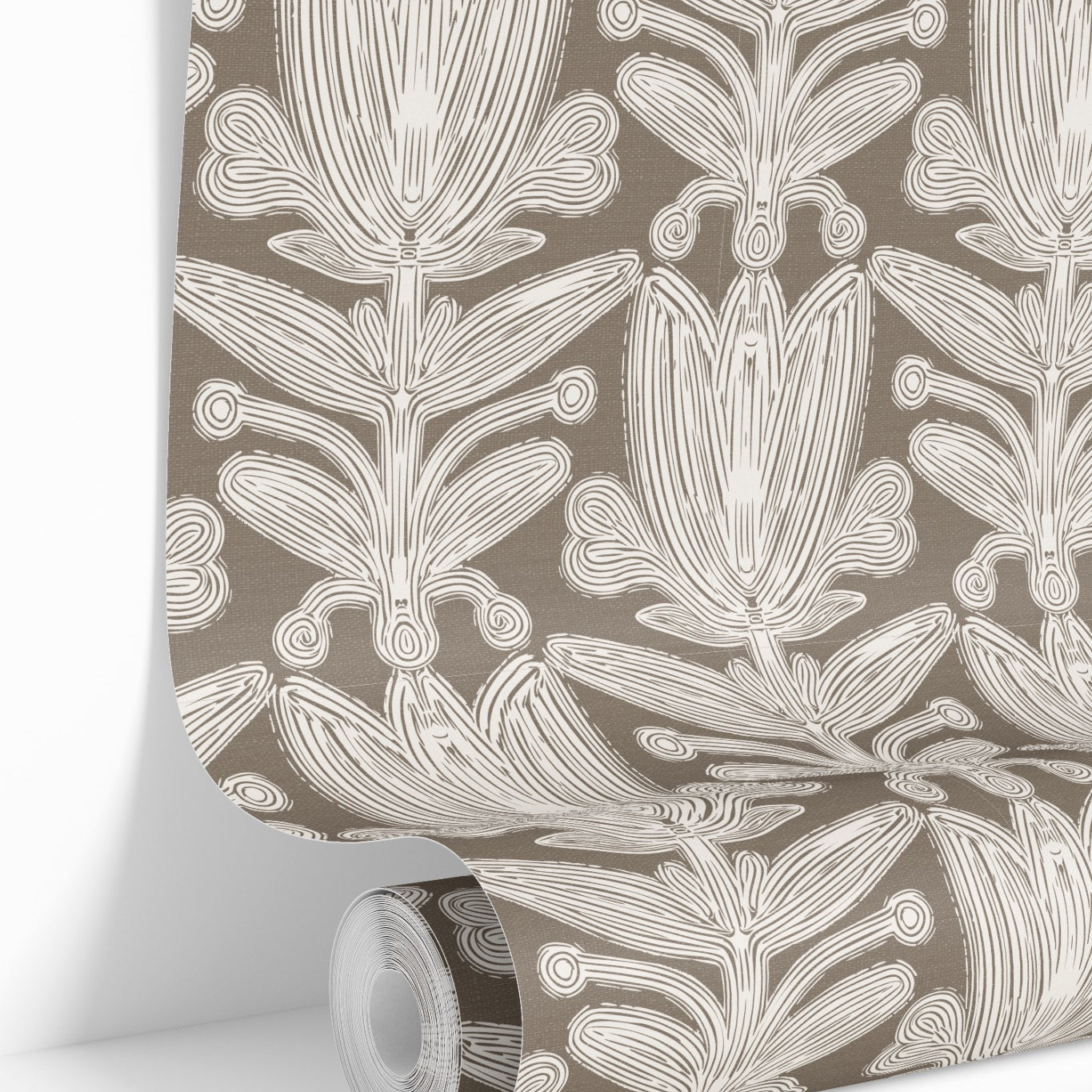 Wallpaper roll of Minkridge Florette structured floral wallpaper in warm neutral mink tones