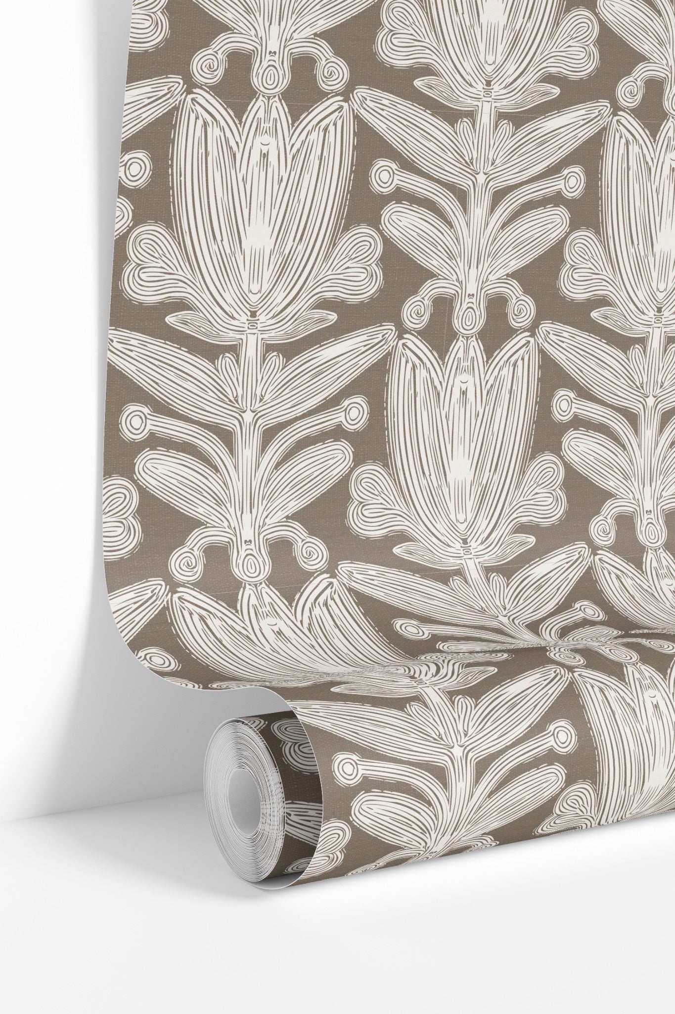 Wallpaper roll of Minkridge Florette structured floral wallpaper in warm neutral mink tones