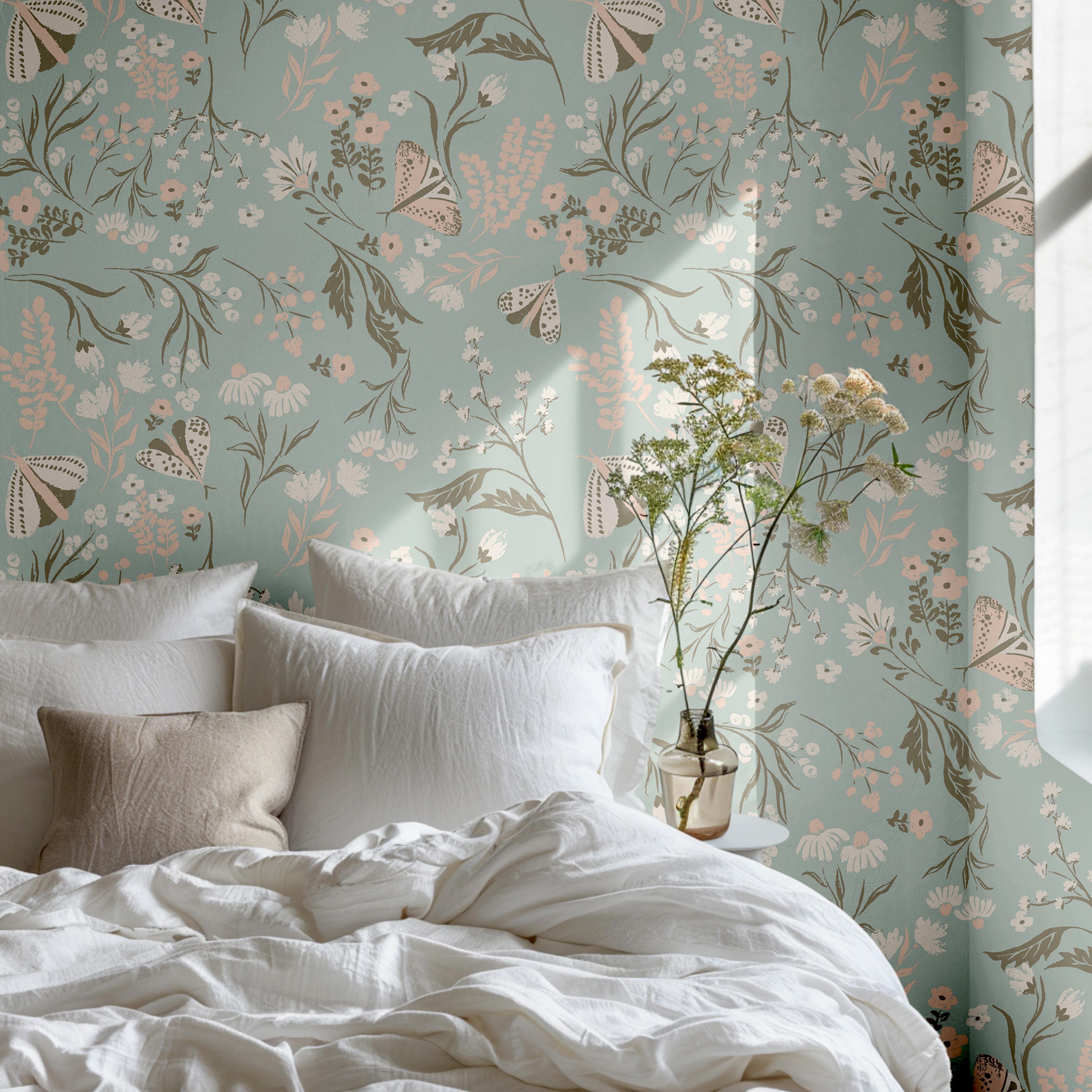 mint meadow wallpaper with butterflies and pink florals 2062