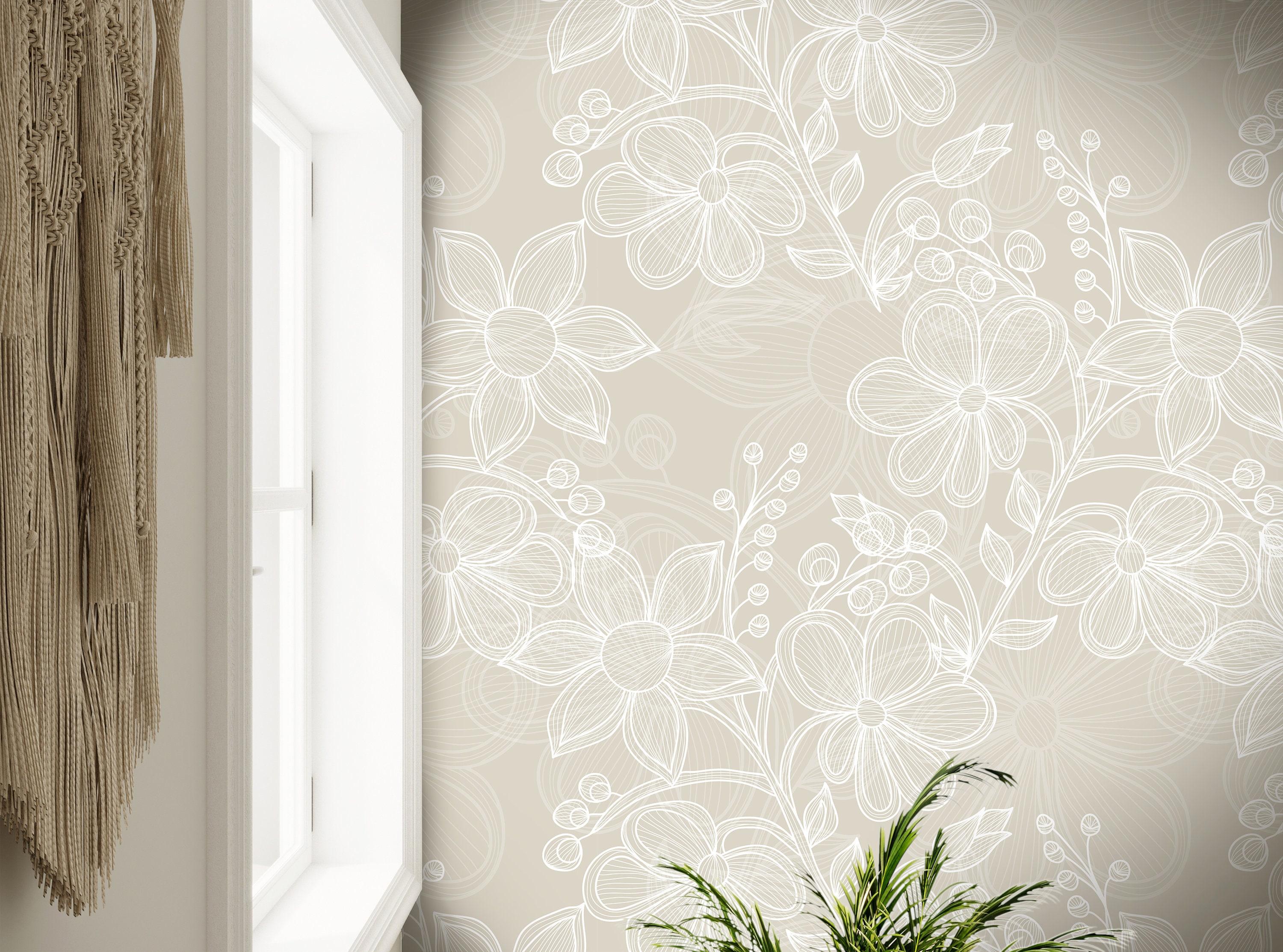 large scale sketched floral wallpaper in beige 3874

