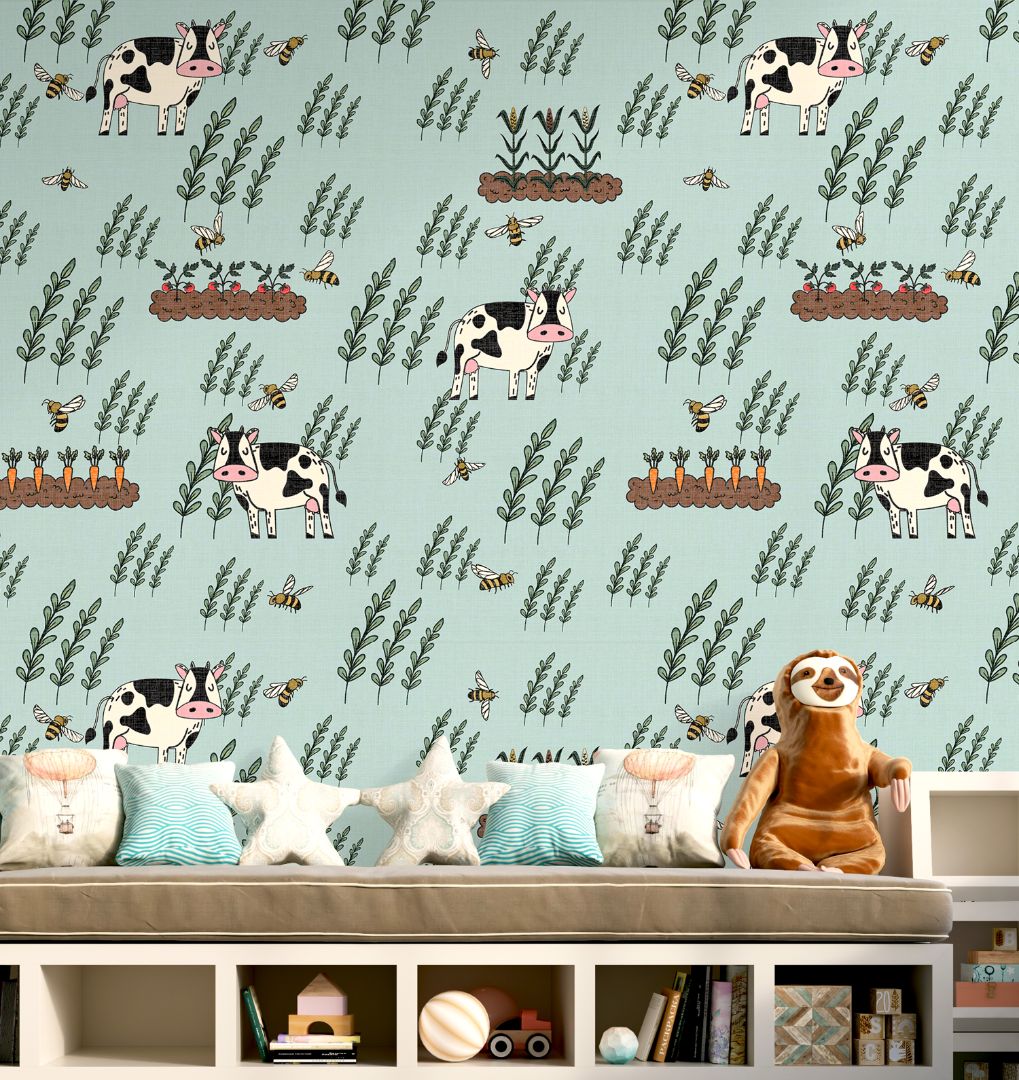 farn wallpaper Moo Meadow Farm Wallpaper – Whimsical Cow & Bee Pattern