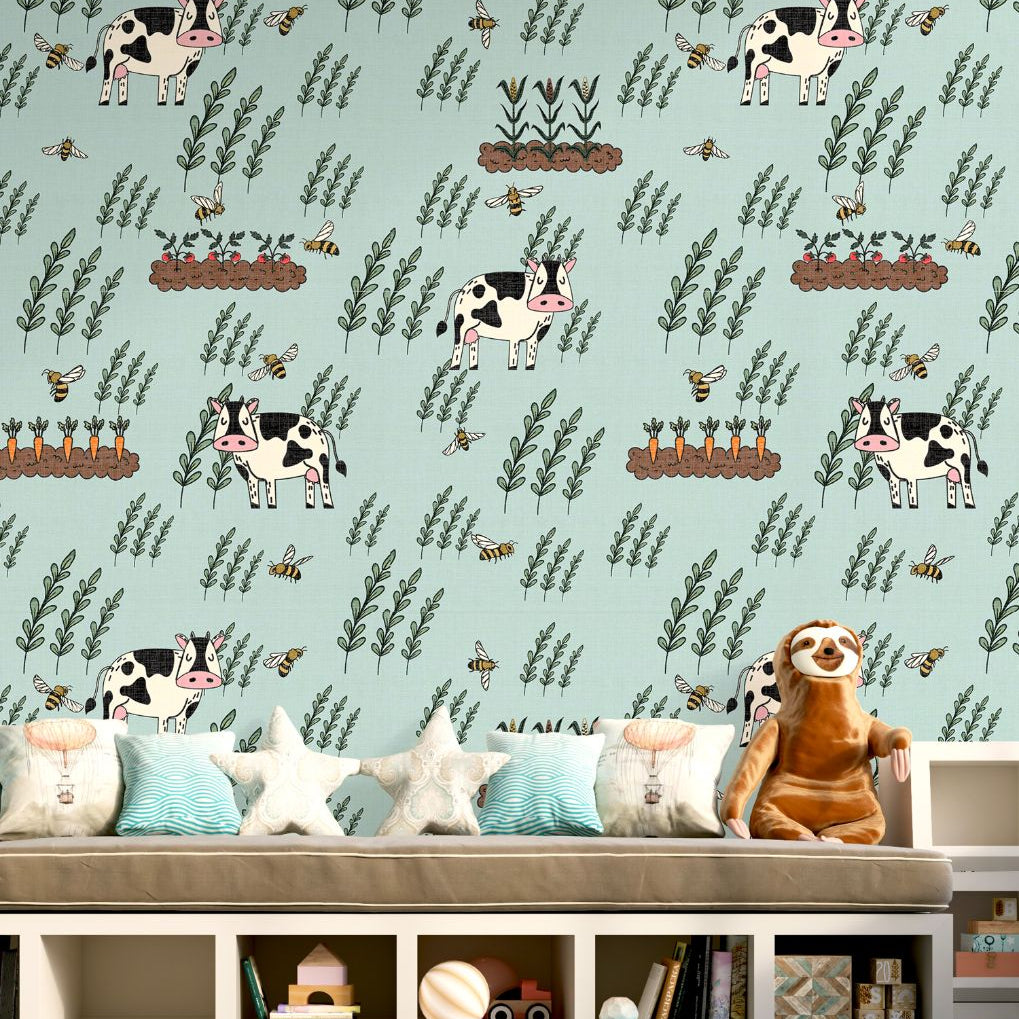 Moo Meadow Farm Wallpaper in nursery setting with playful cows, bees, and carrots creating a cheerful farm atmosphere.