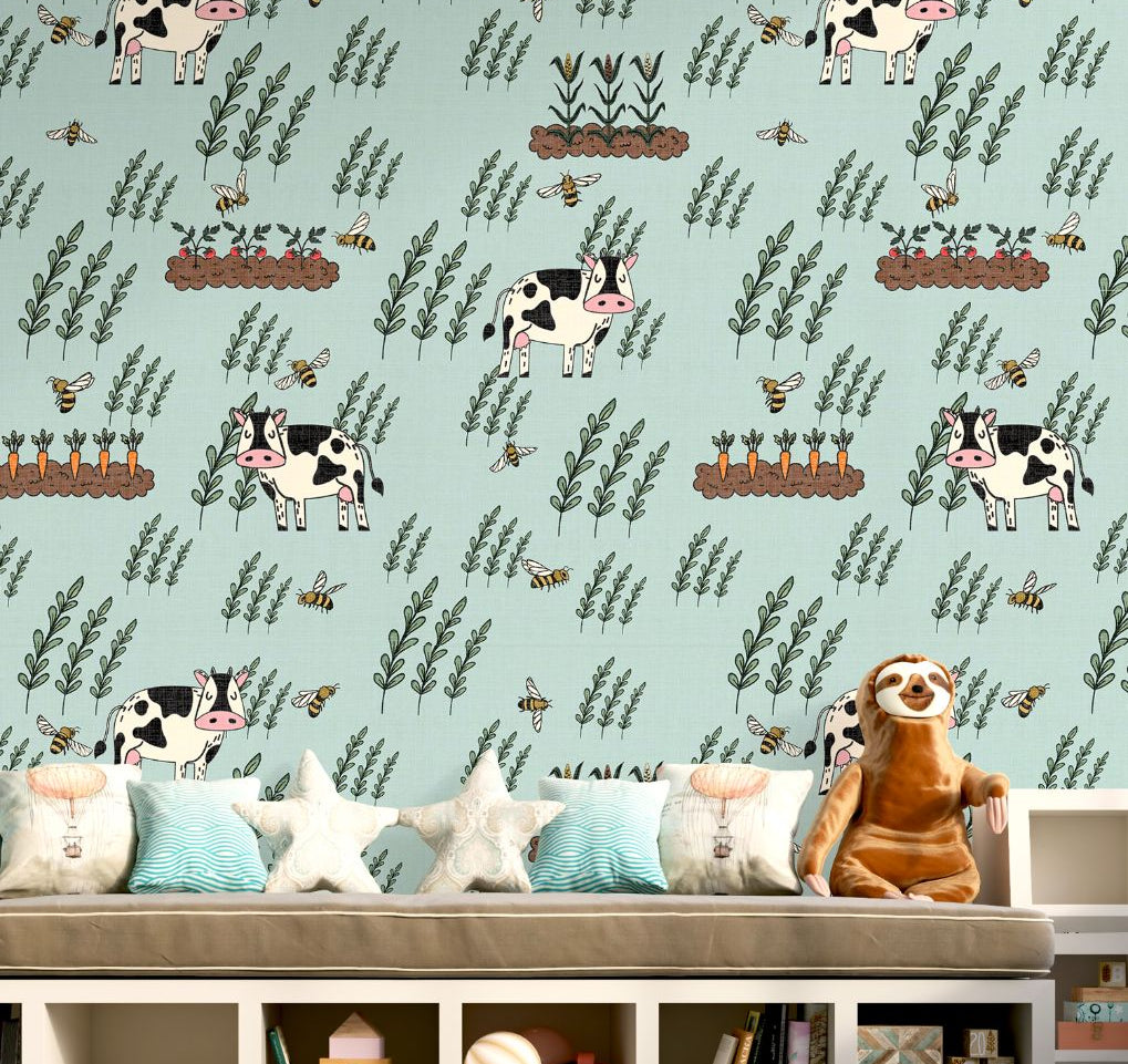 Moo Meadow Farm Wallpaper in nursery setting with playful cows, bees, and carrots creating a cheerful farm atmosphere.