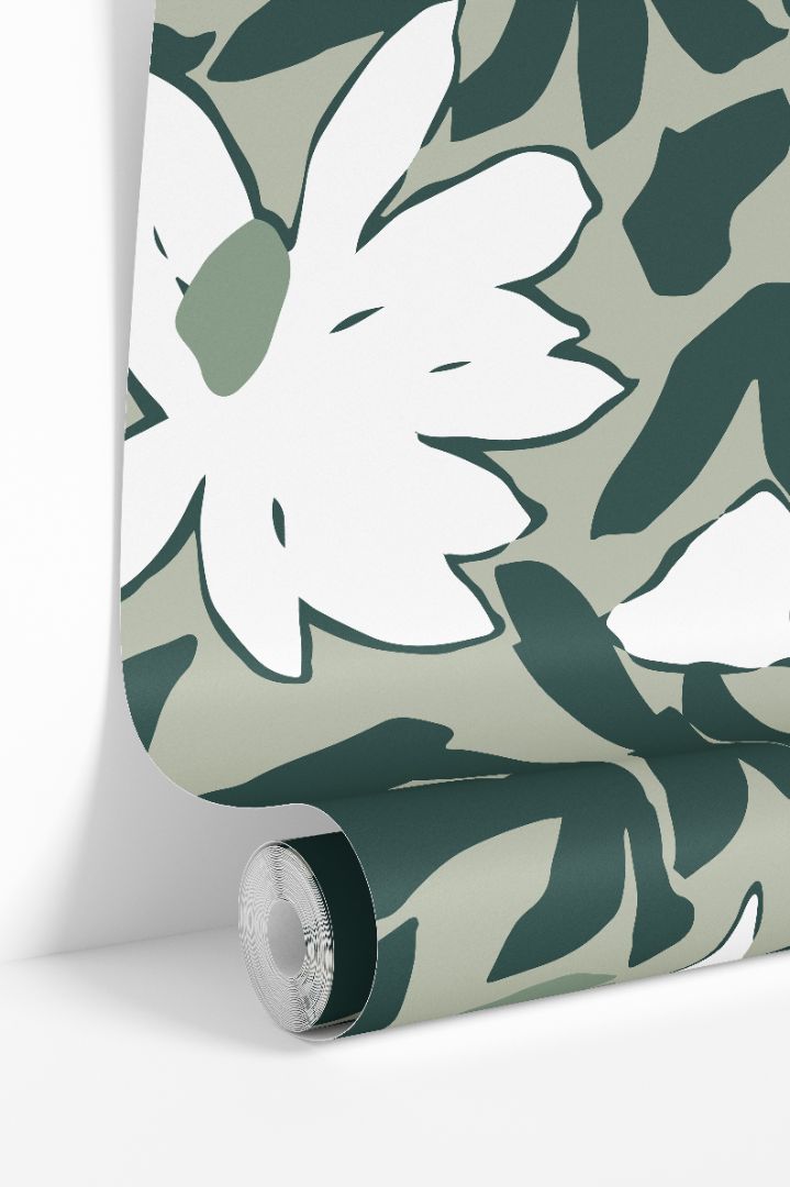 Mosselle Bloom Wallpaper roll showing soft sage and white floral pattern with smooth matte finish