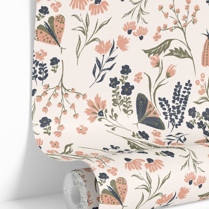  Wallpaper roll showing Mossmere Wilds wildflower and butterfly botanical wallpaper pattern.
