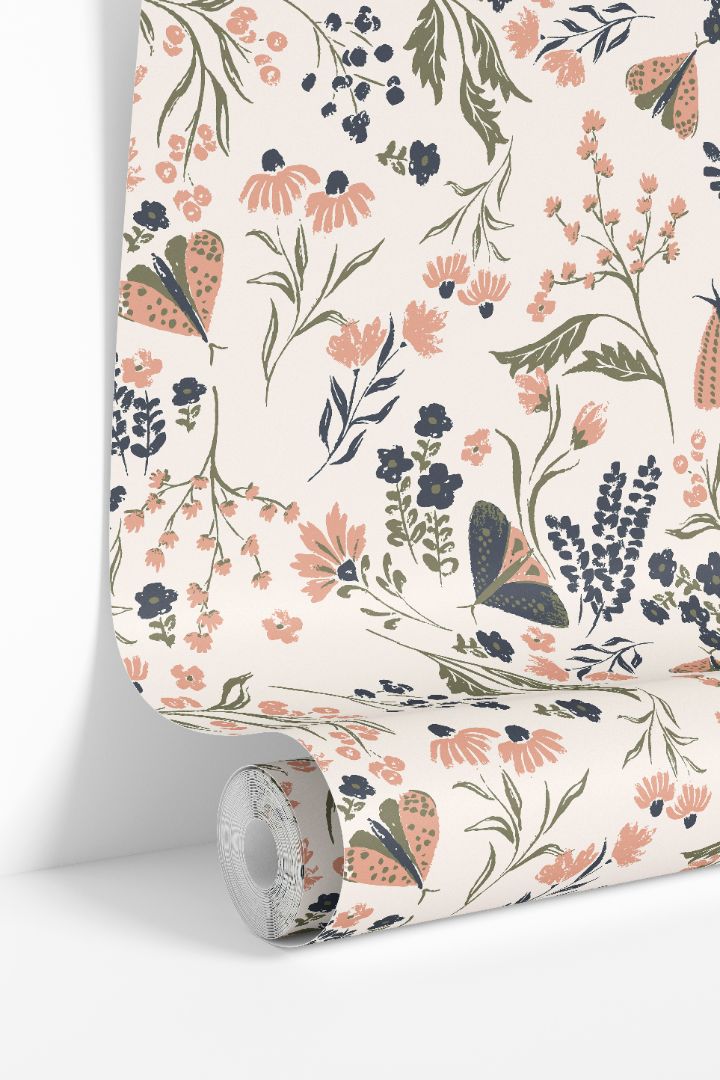  Wallpaper roll showing Mossmere Wilds wildflower and butterfly botanical wallpaper pattern.