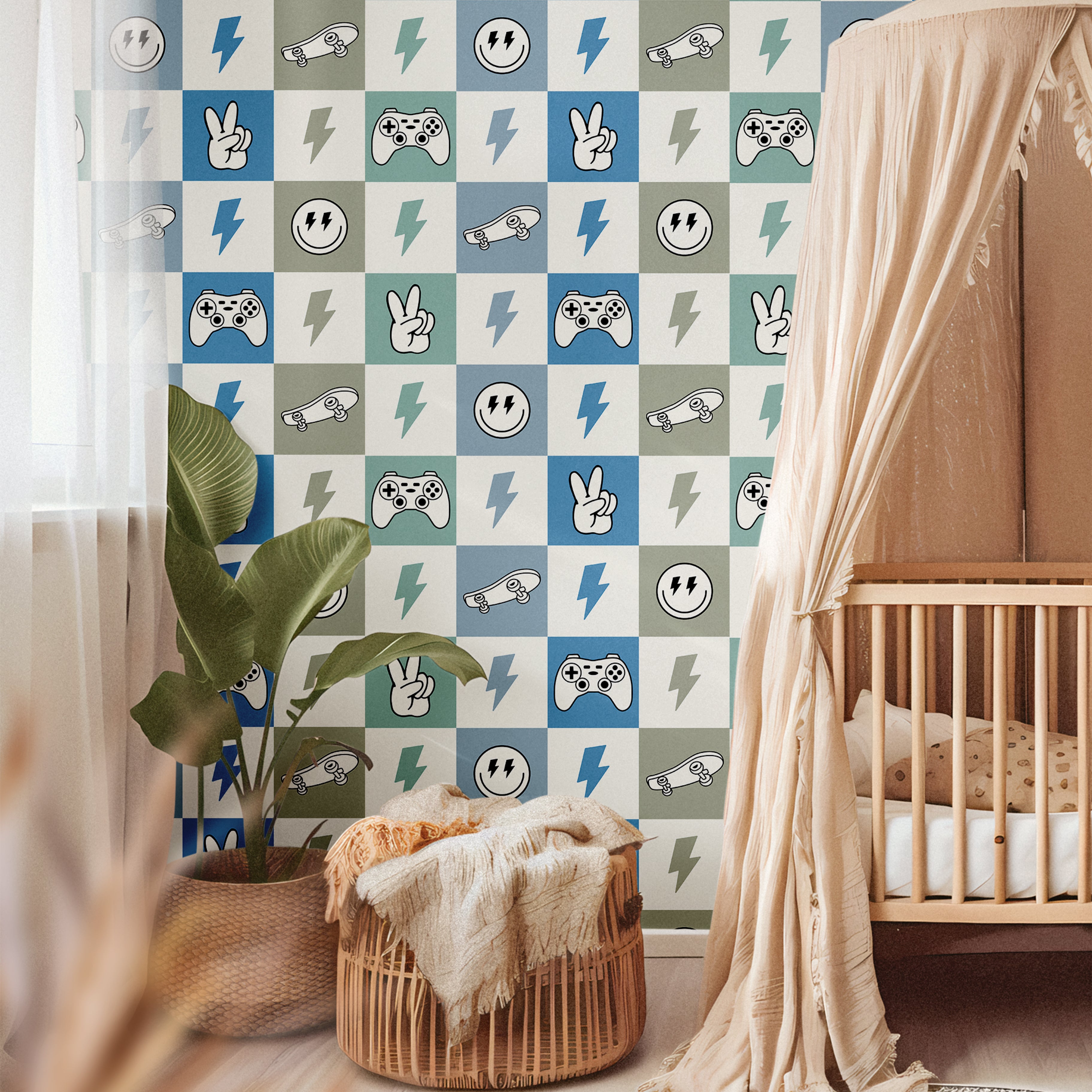 boys room checker wallpaper with gaming and skate icons