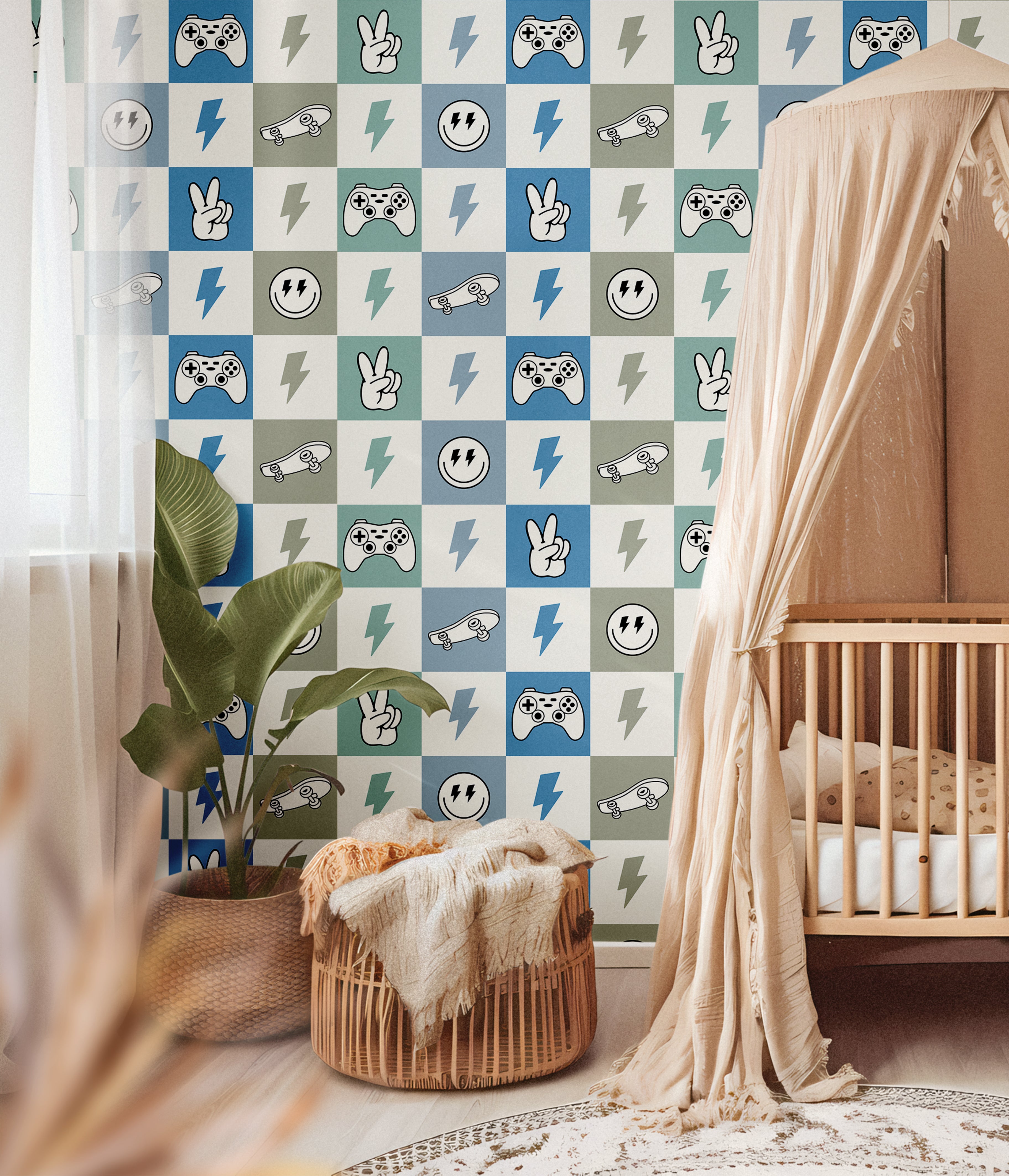 boys room checker wallpaper with gaming and skate icons