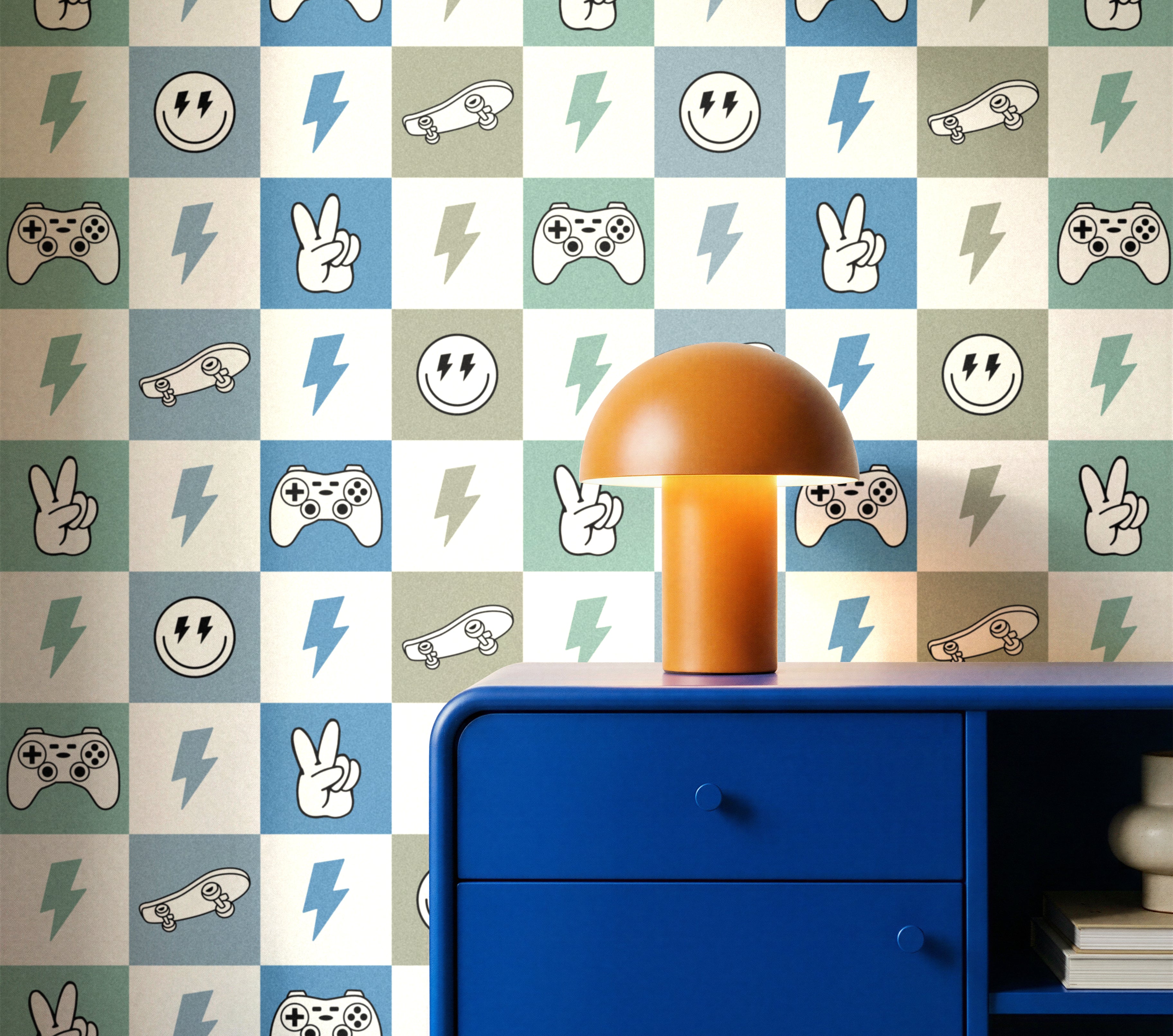 boys room checker wallpaper with gaming icons in modern kids bedroom