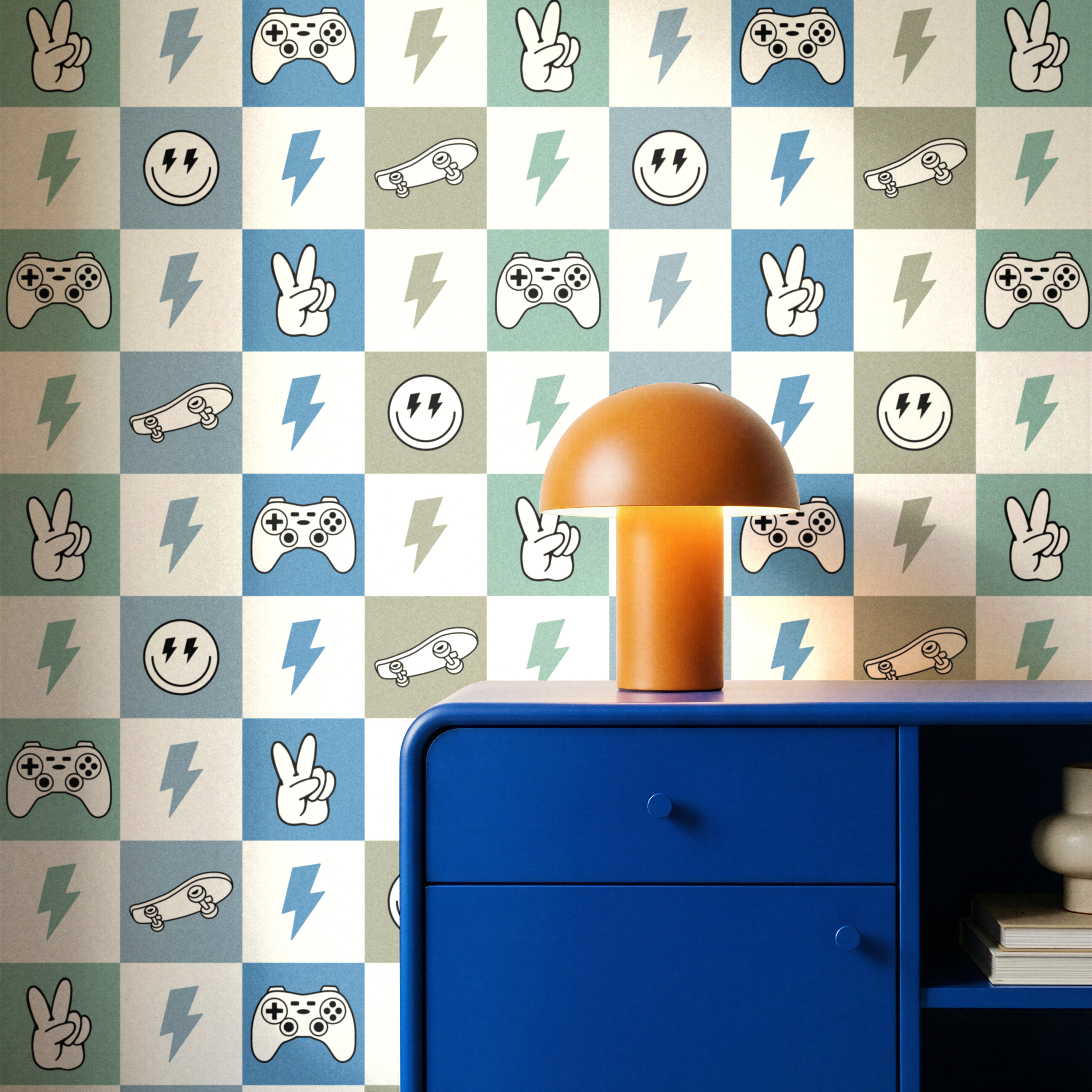 boys room checker wallpaper with gaming icons in modern kids bedroom