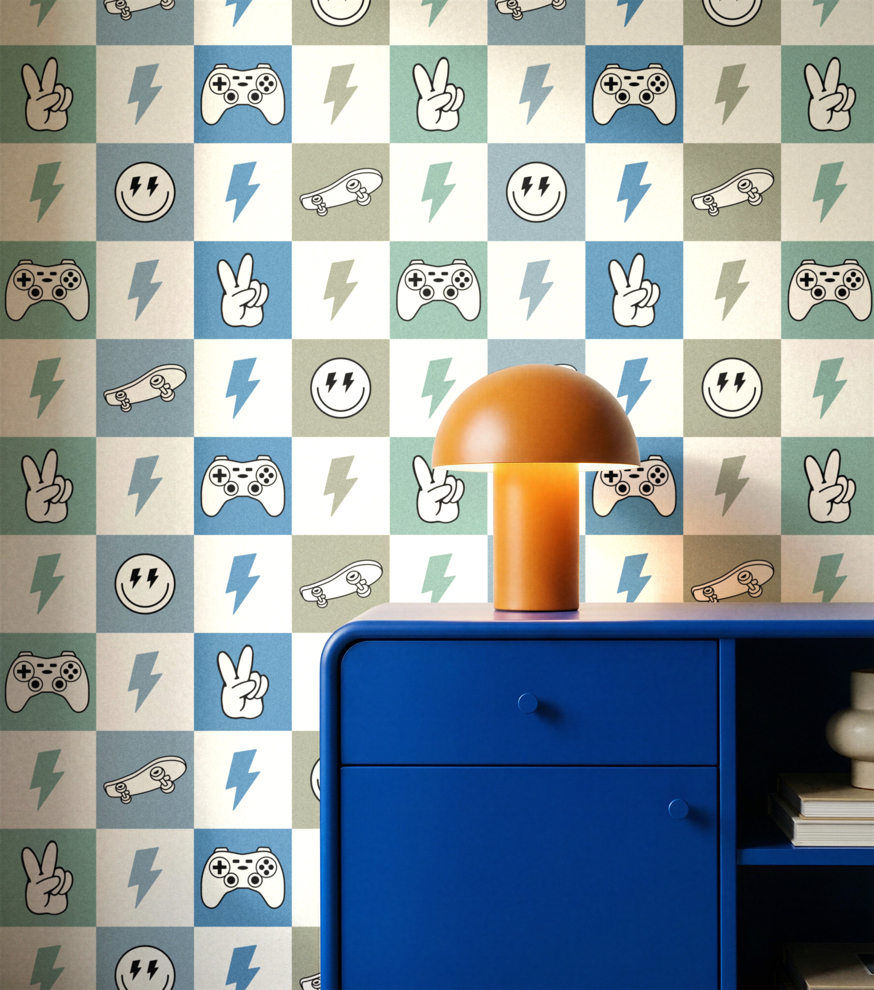 boys room checker wallpaper with gaming icons in modern kids bedroom