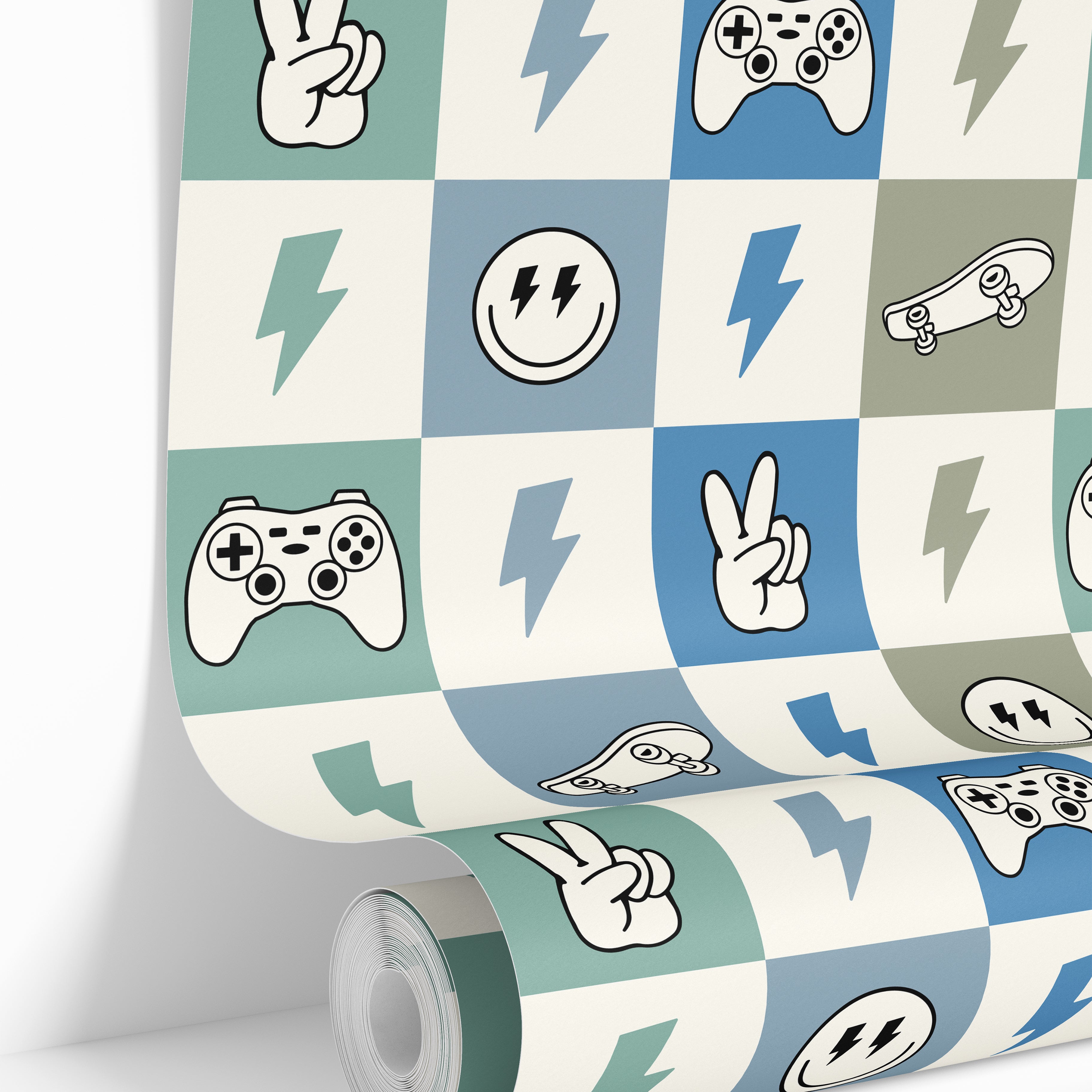 checker wallpaper roll with gaming and skate icon pattern