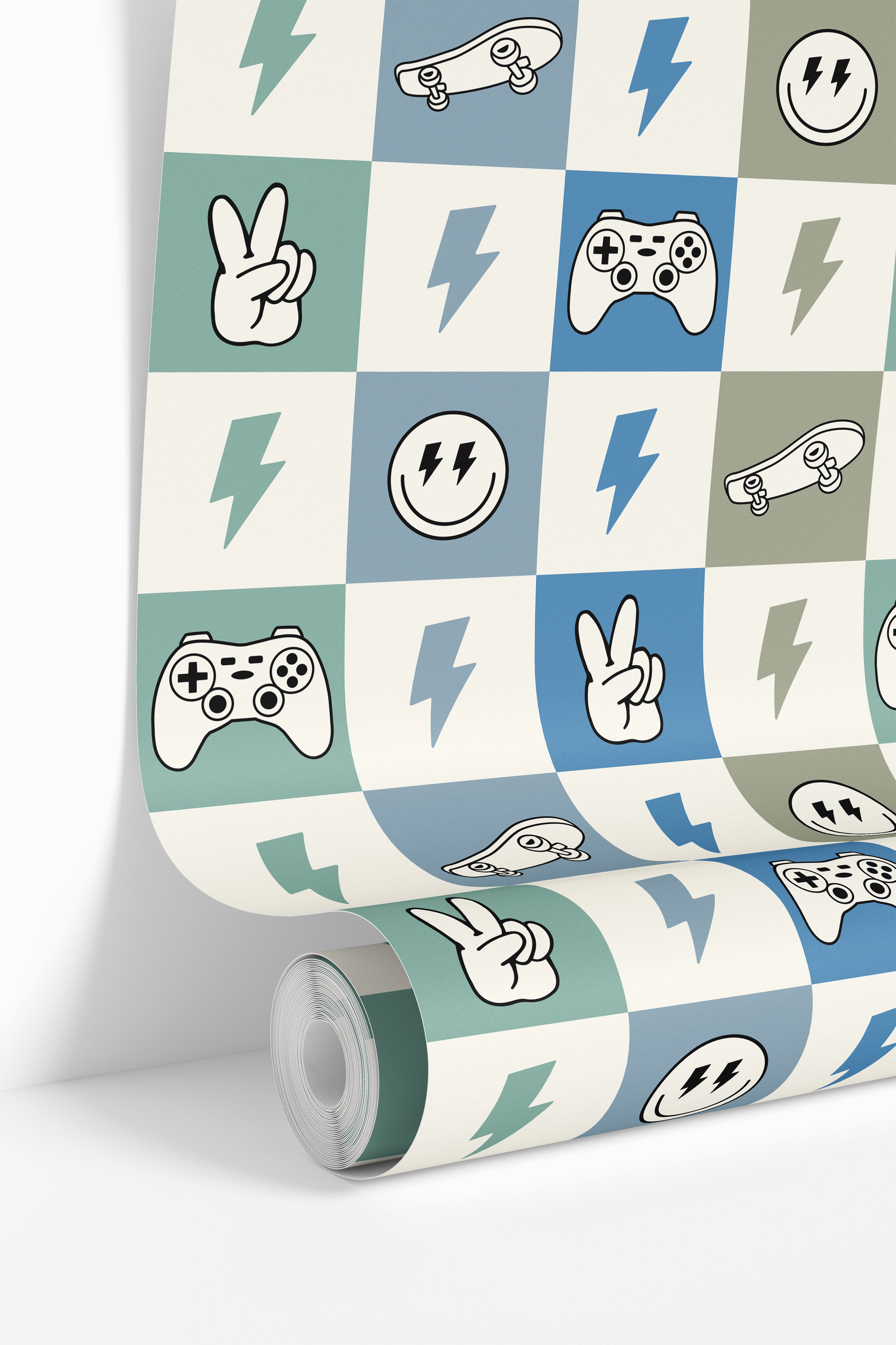 checker wallpaper roll with gaming and skate icon pattern