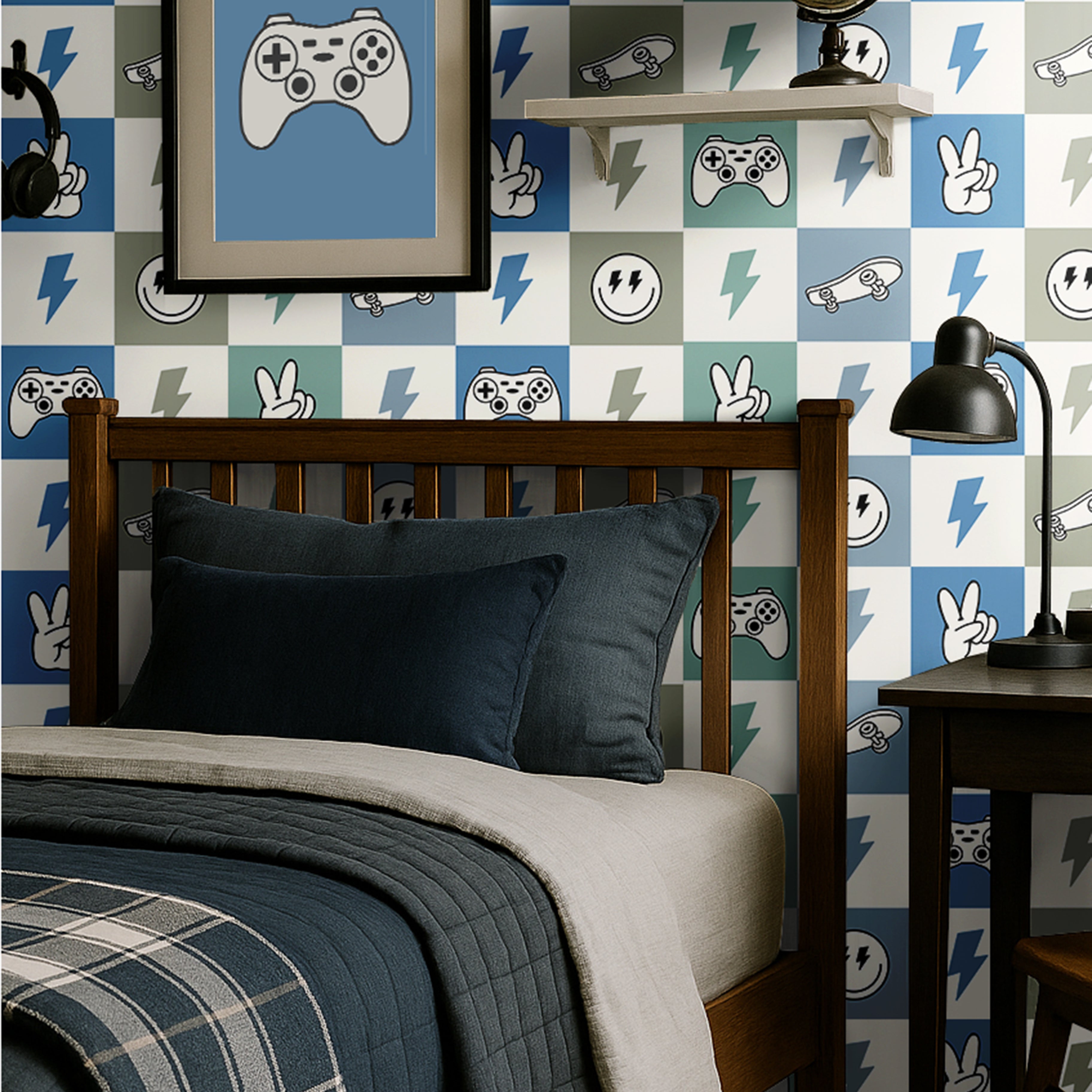teen room checker wallpaper with gaming icons and modern decor