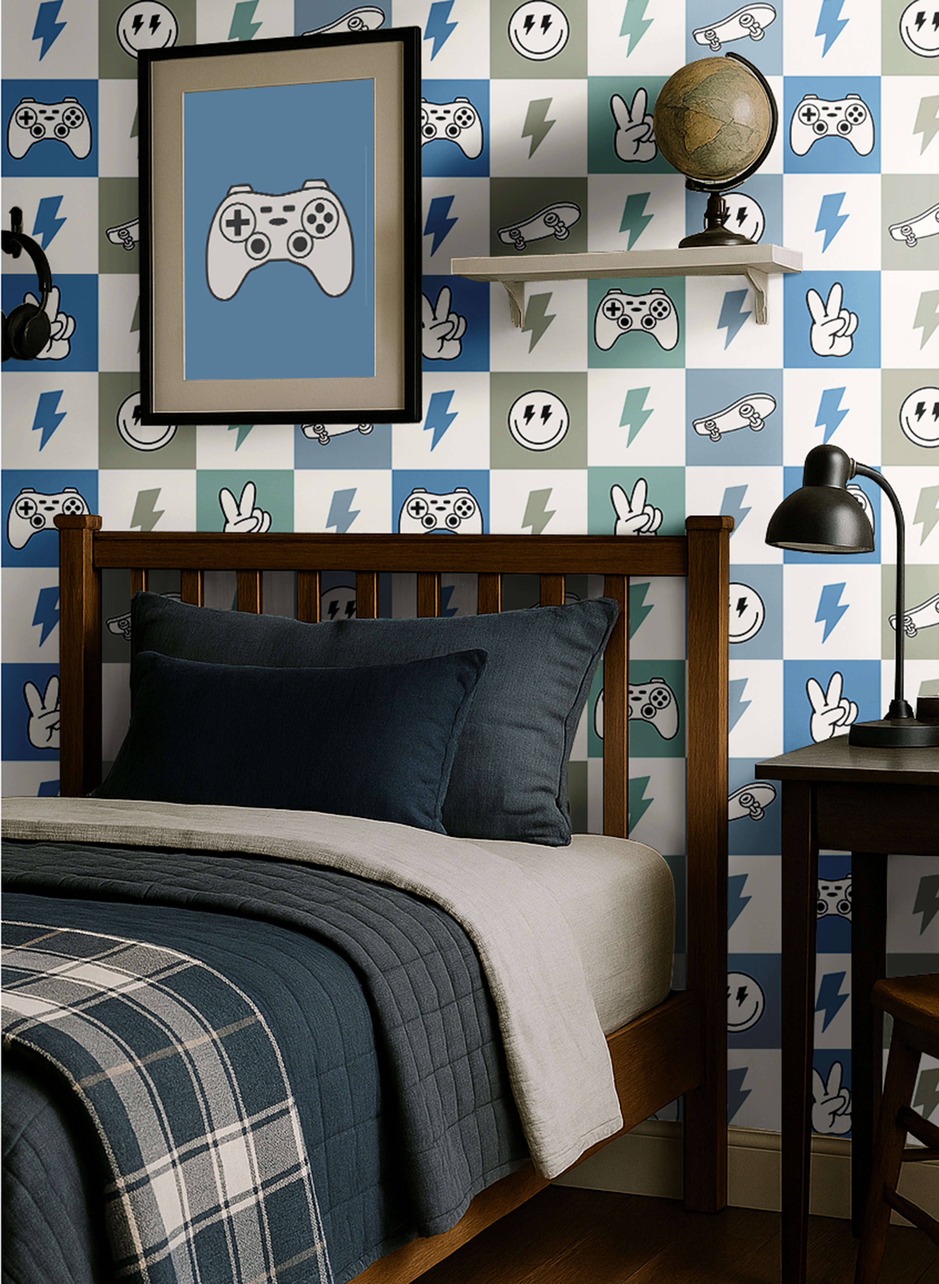teen room checker wallpaper with gaming icons and modern decor