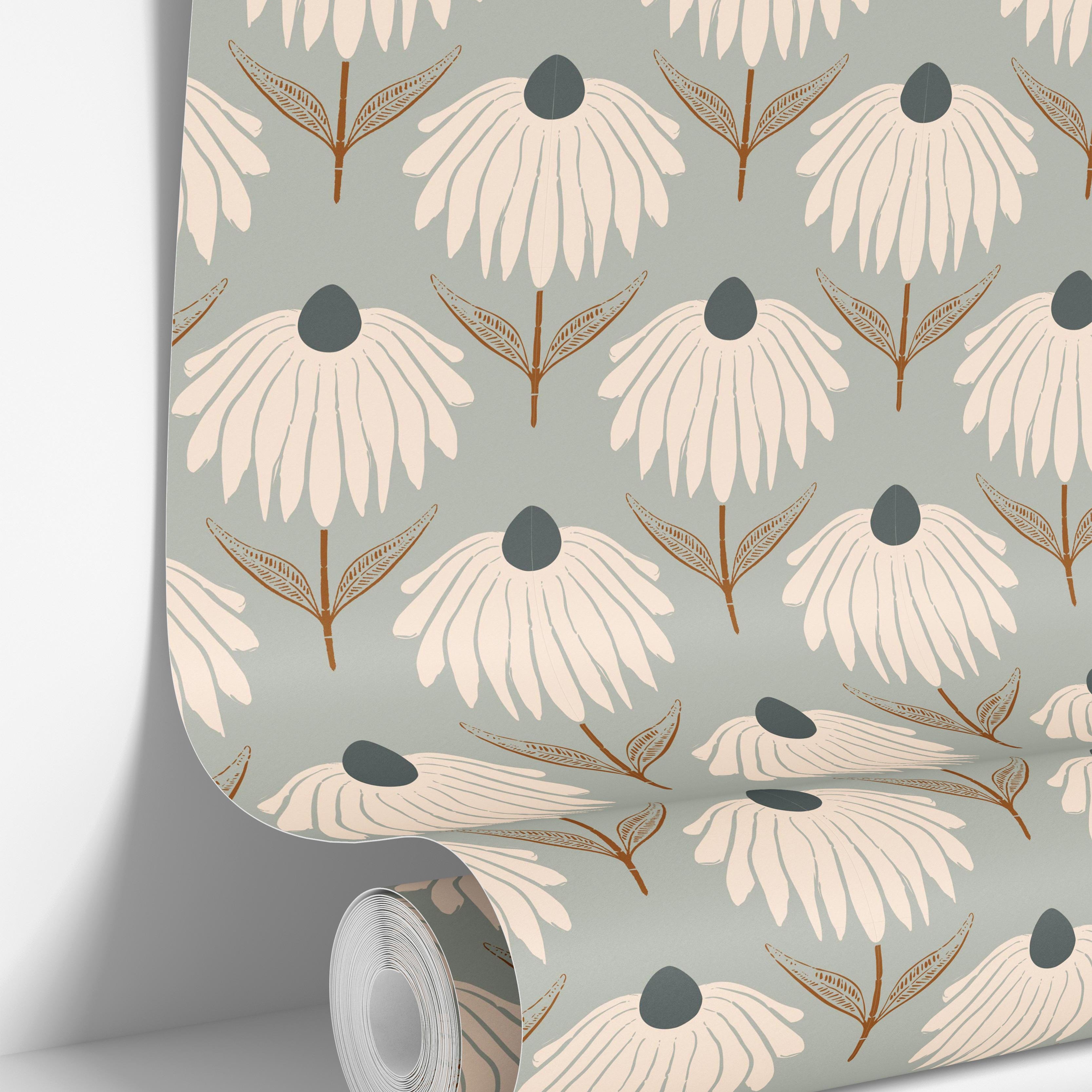 roll of myrtle crown wallpaper with cream coneflowers slate centers and ochre stems on blue green