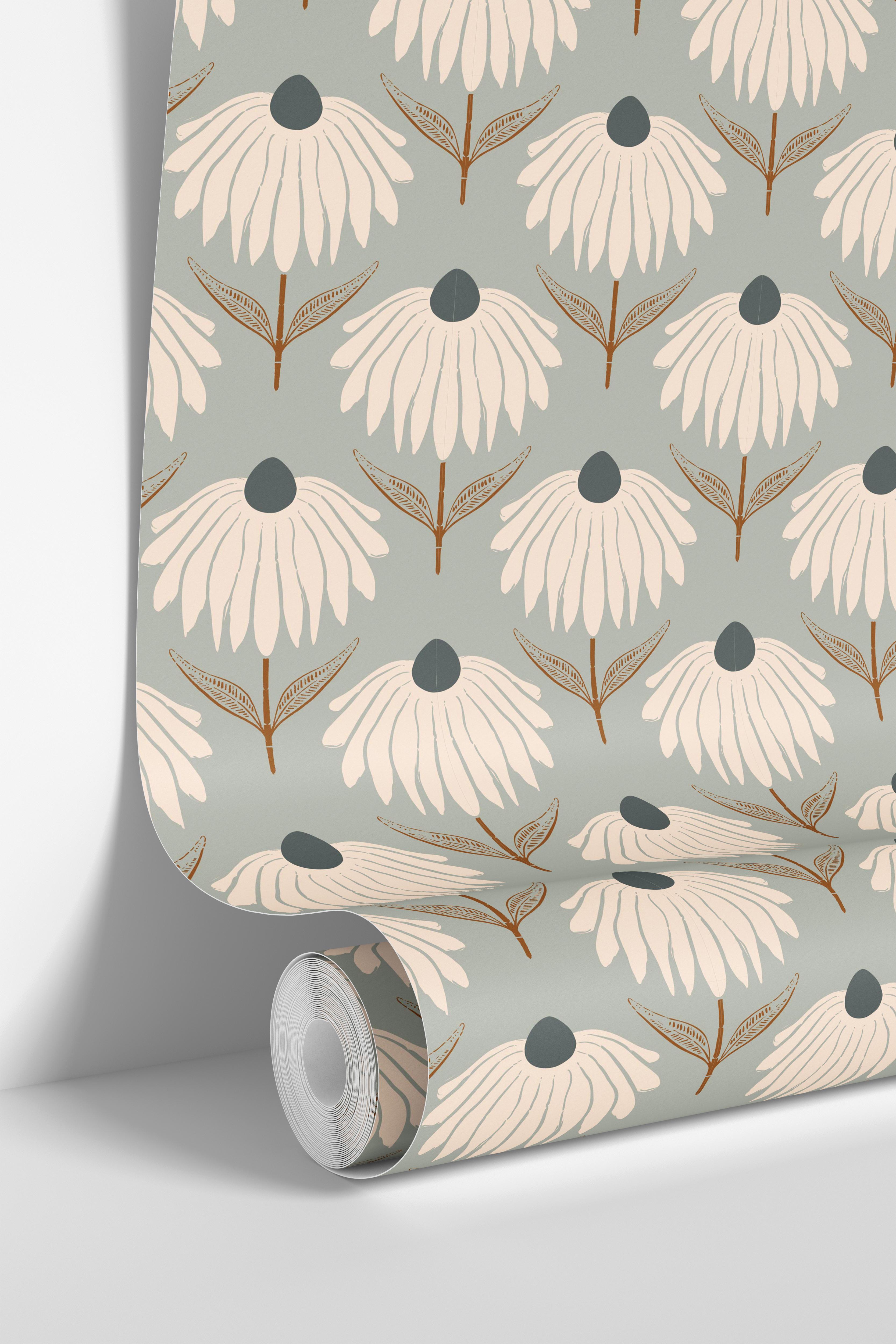 roll of myrtle crown wallpaper with cream coneflowers slate centers and ochre stems on blue green