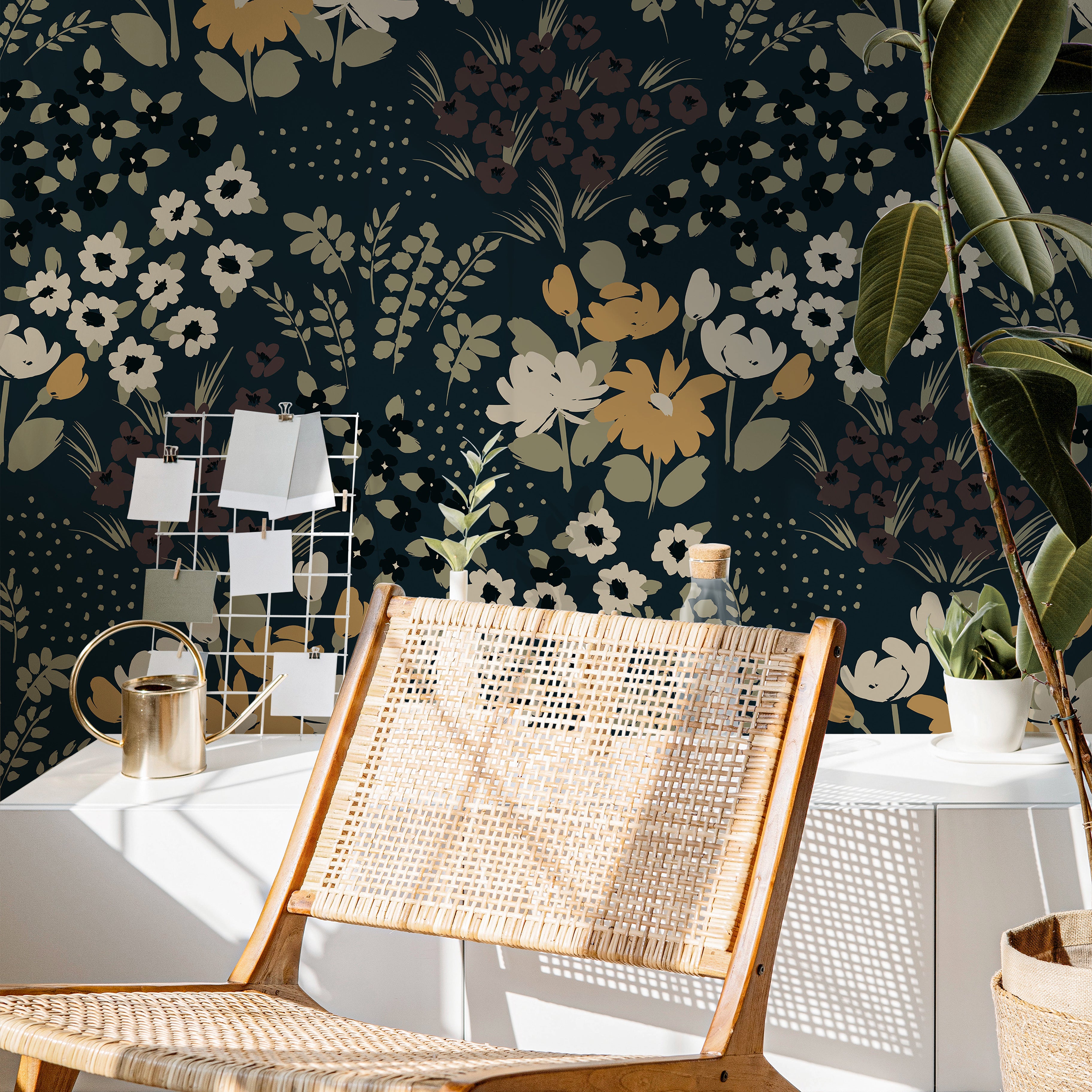 Dark botanical wallpaper with layered meadow flowers and warm neutral blooms on a deep navy background.