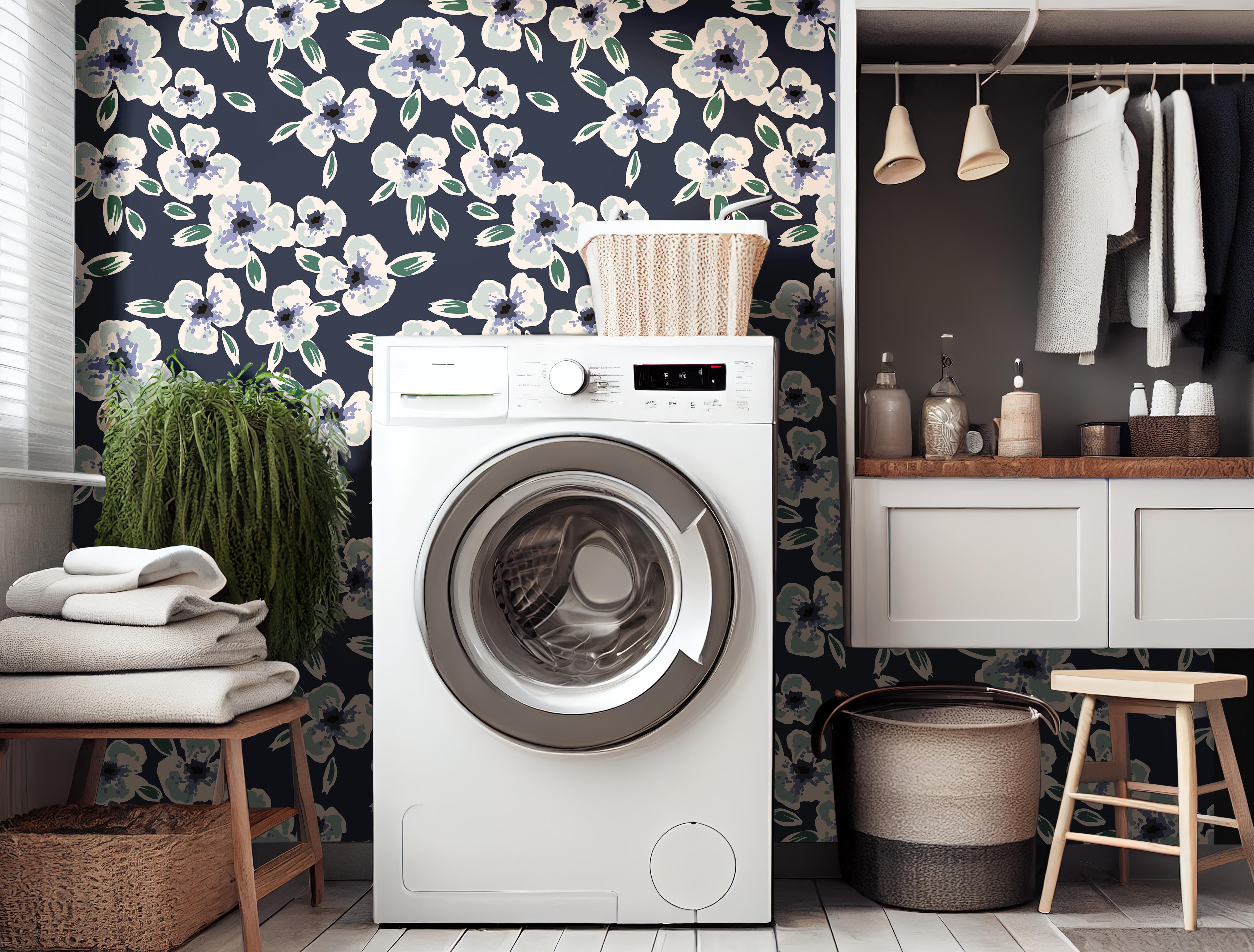 dark navy wallpaper with white botanical flower pattern 2039