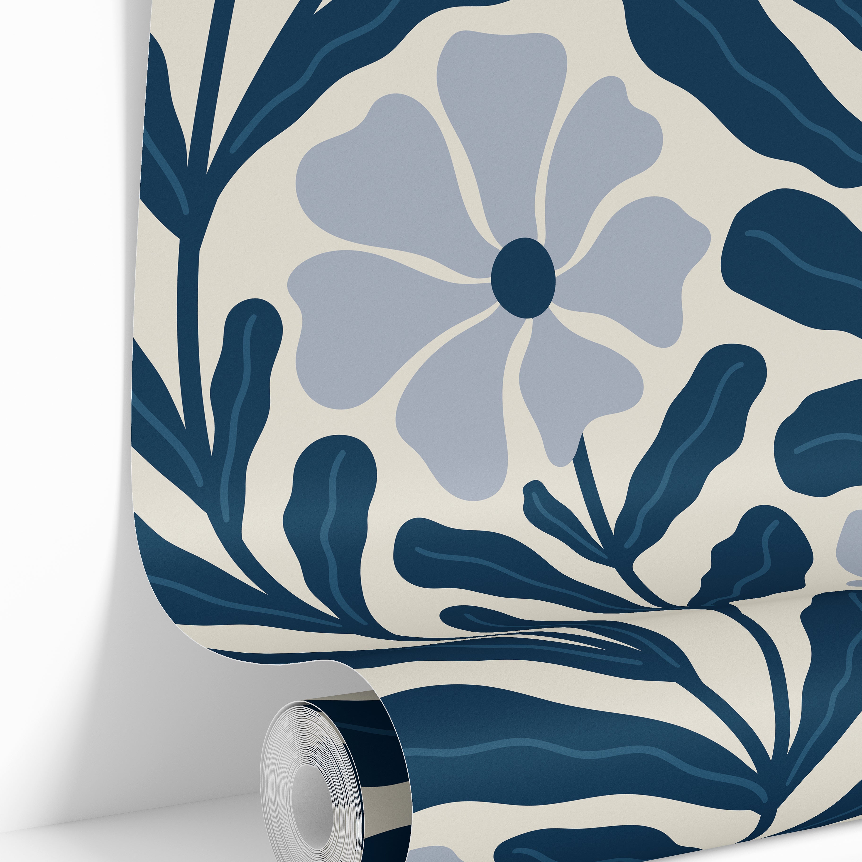 Wallpaper roll mockup of Navy Nature navy and soft blue floral wallpaper by James & Colors