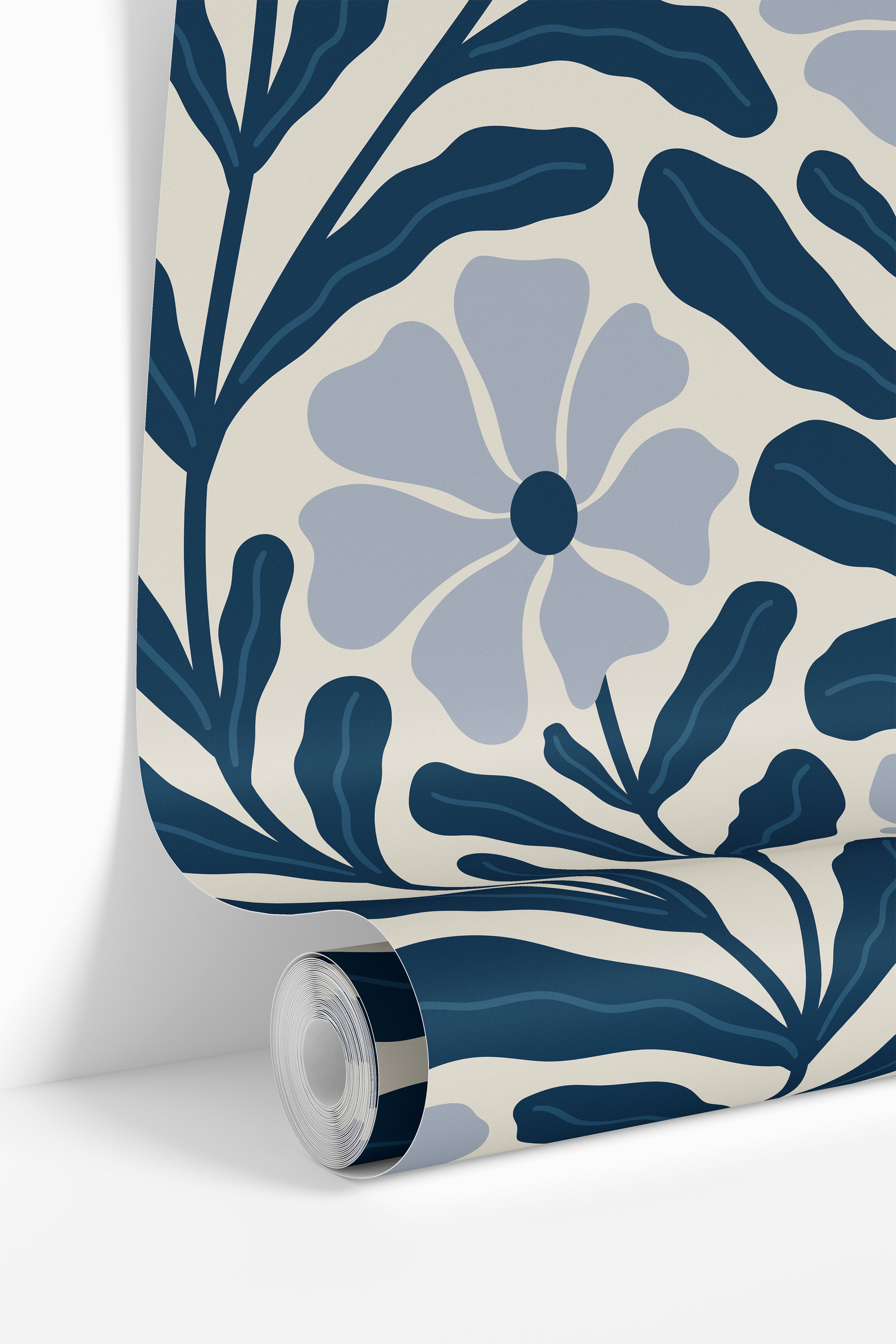 Wallpaper roll mockup of Navy Nature navy and soft blue floral wallpaper by James & Colors