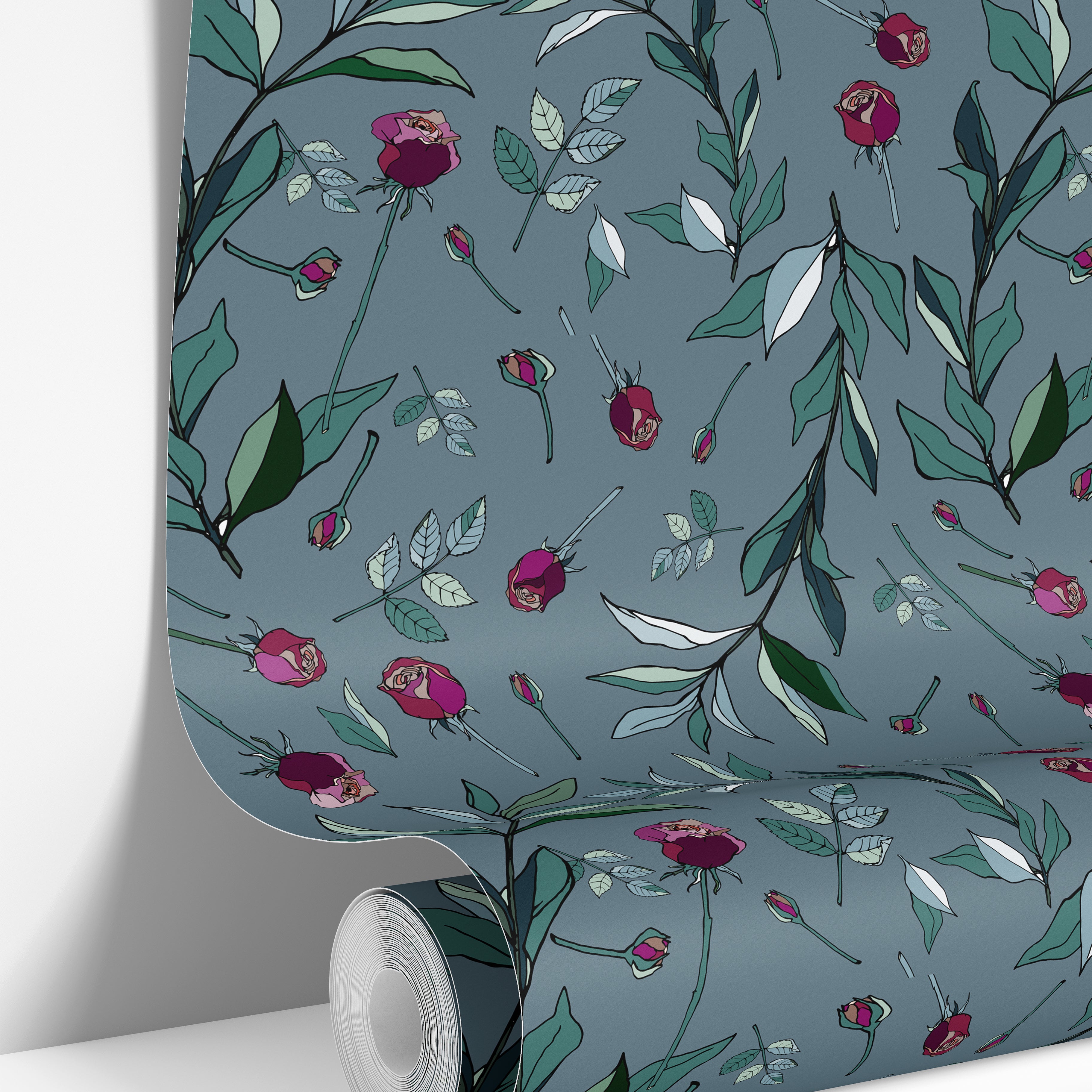 Wallpaper roll featuring the Oak & Thistle botanical floral pattern with delicate stems on a dusty blue gray background.