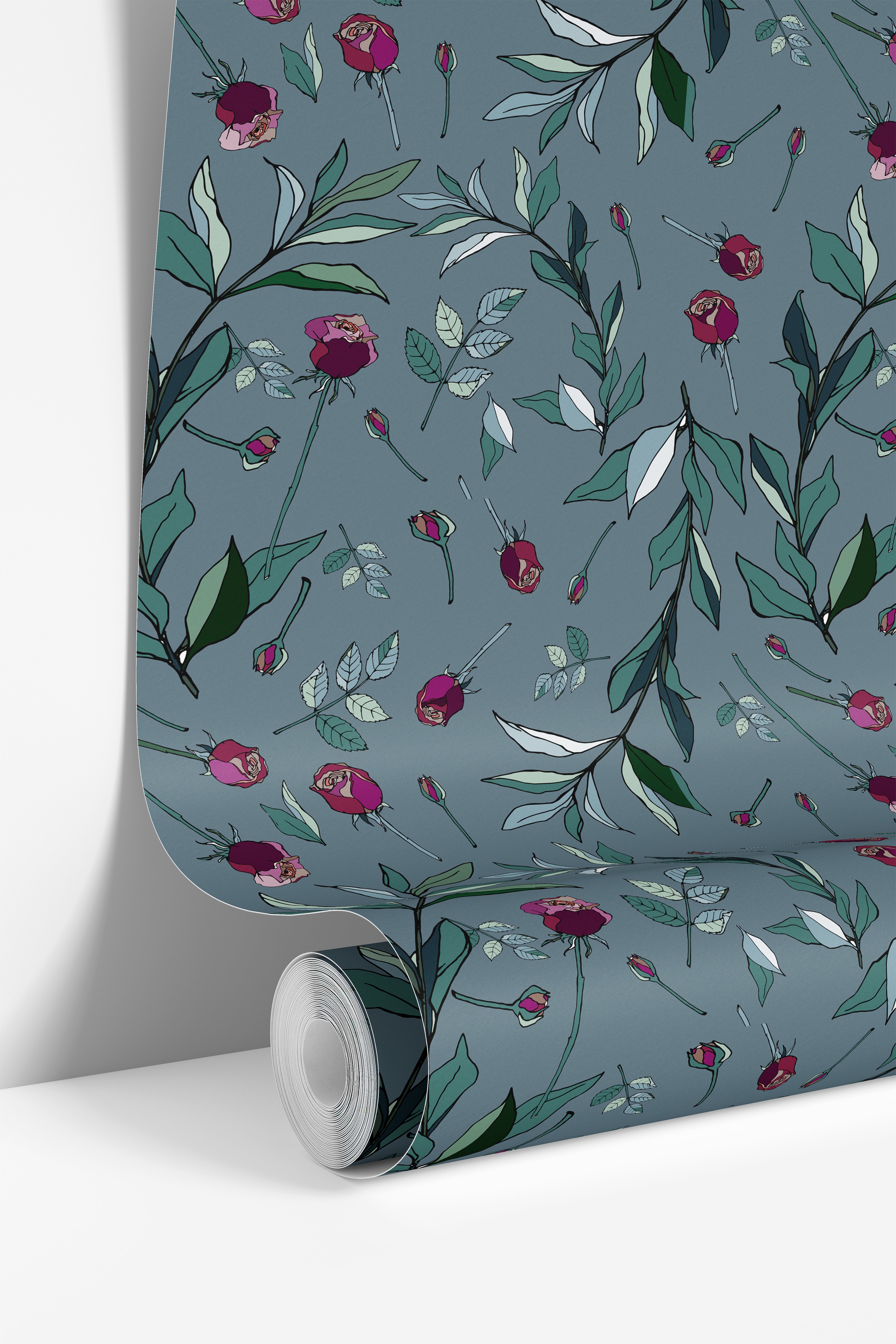 Wallpaper roll featuring the Oak & Thistle botanical floral pattern with delicate stems on a dusty blue gray background.