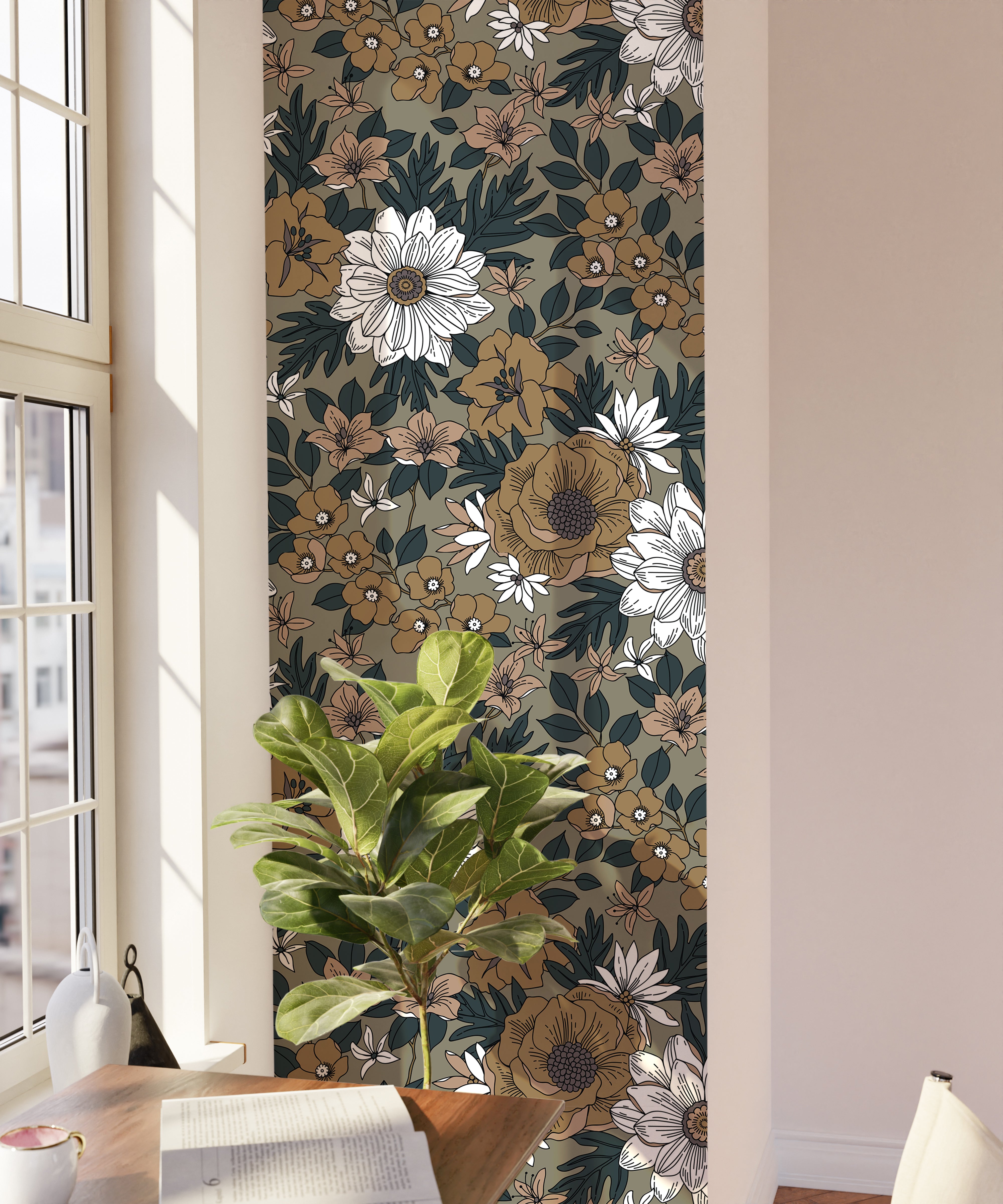 Warm neutral floral wallpaper with oversized ivory flowers styled on a narrow accent wall beside a sunlit window.