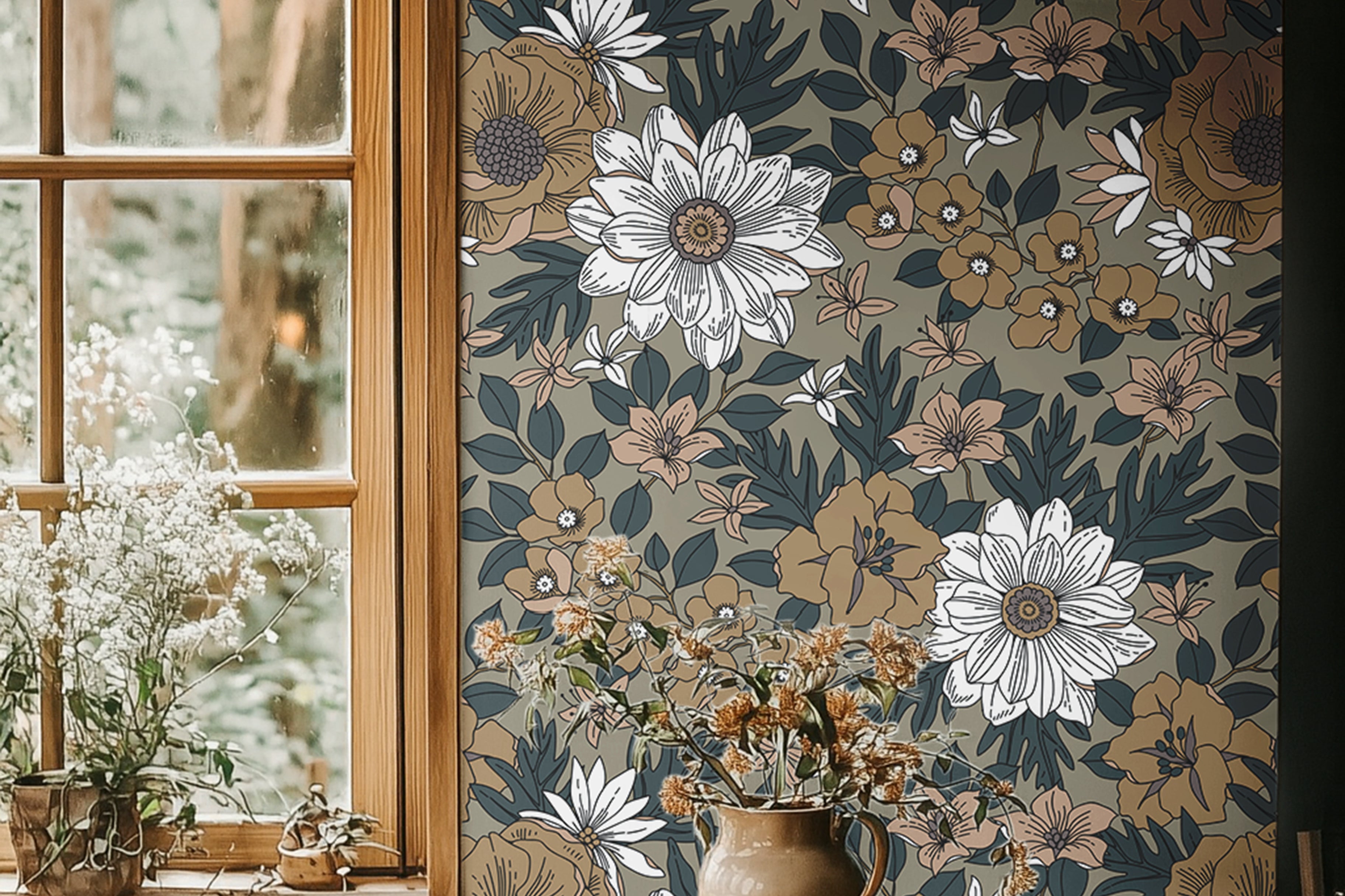  Moody floral wallpaper with bronze flowers and ivory blooms styled in a warm wood dining room with cozy vintage decor.

