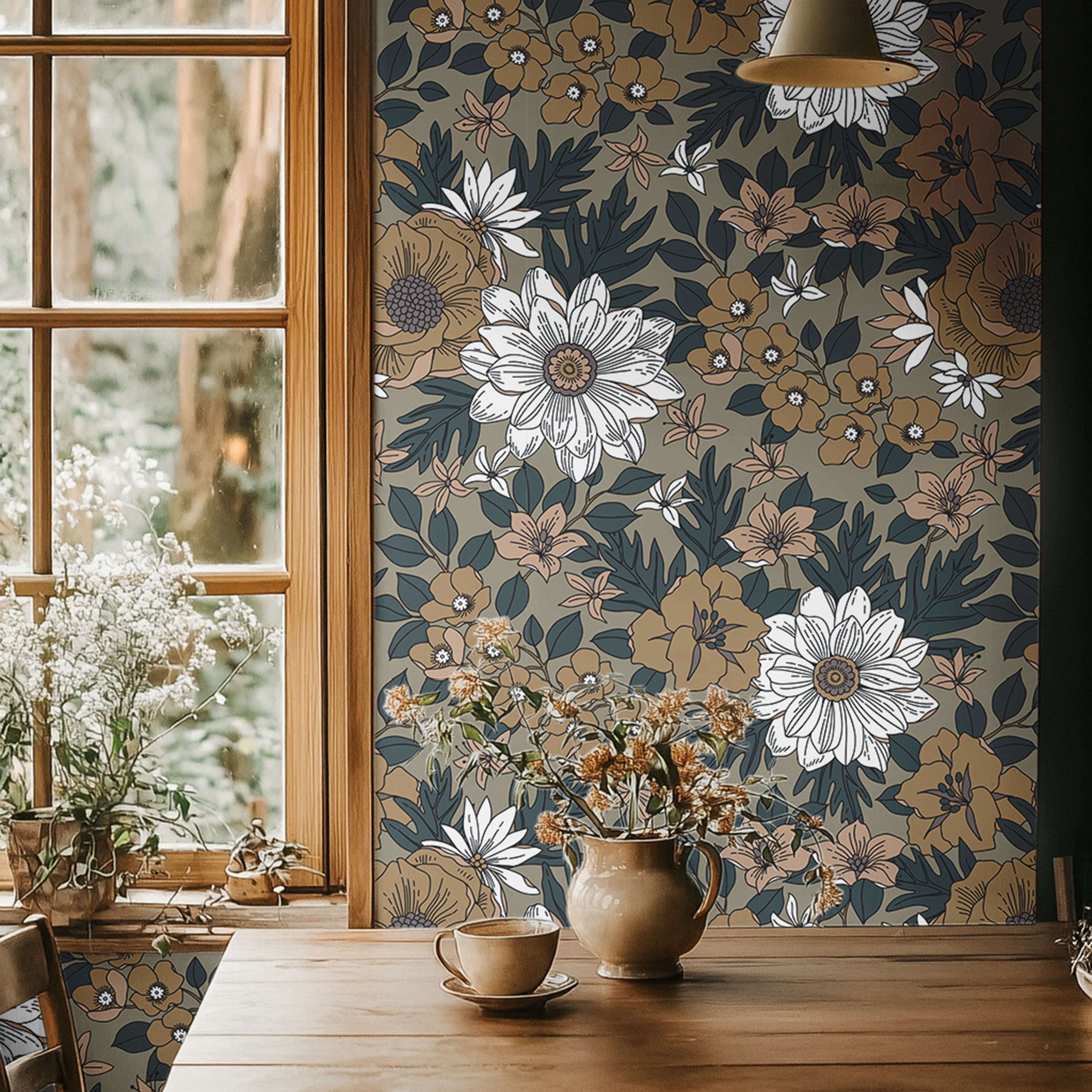  Moody floral wallpaper with bronze flowers and ivory blooms styled in a warm wood dining room with cozy vintage decor.
