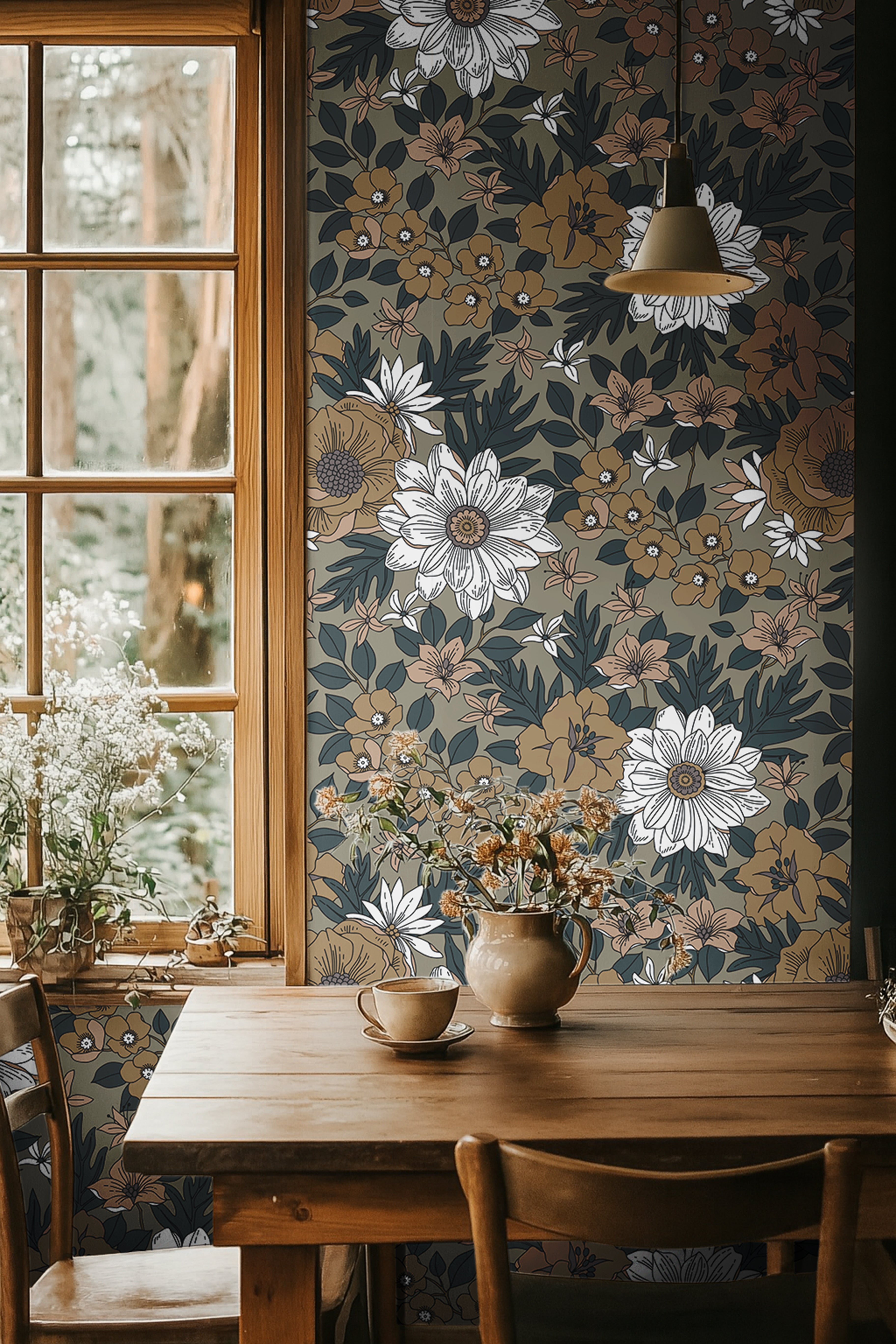  Moody floral wallpaper with bronze flowers and ivory blooms styled in a warm wood dining room with cozy vintage decor.
