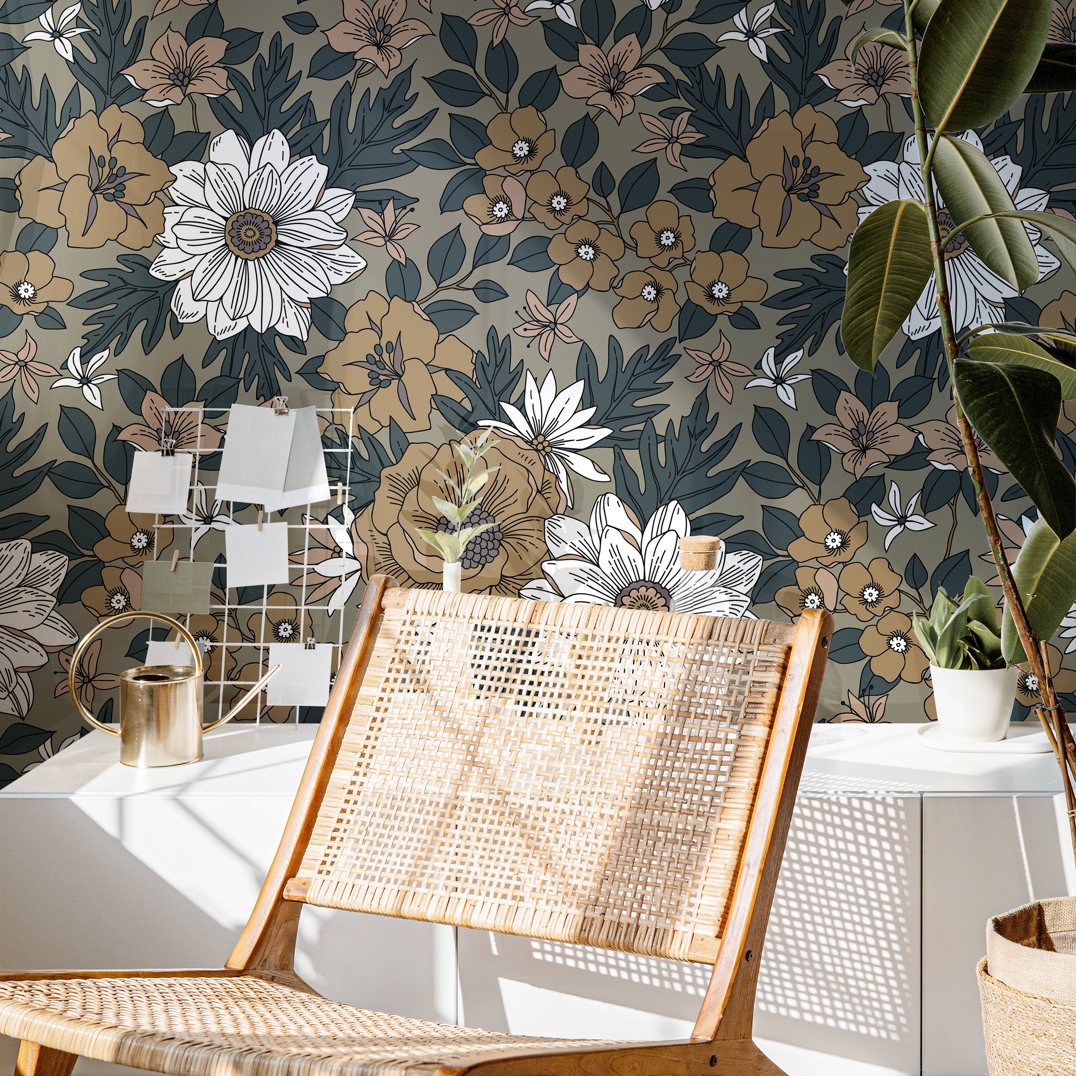  Dark botanical wallpaper with earthy floral tones styled in a bright modern room with woven textures and natural light.