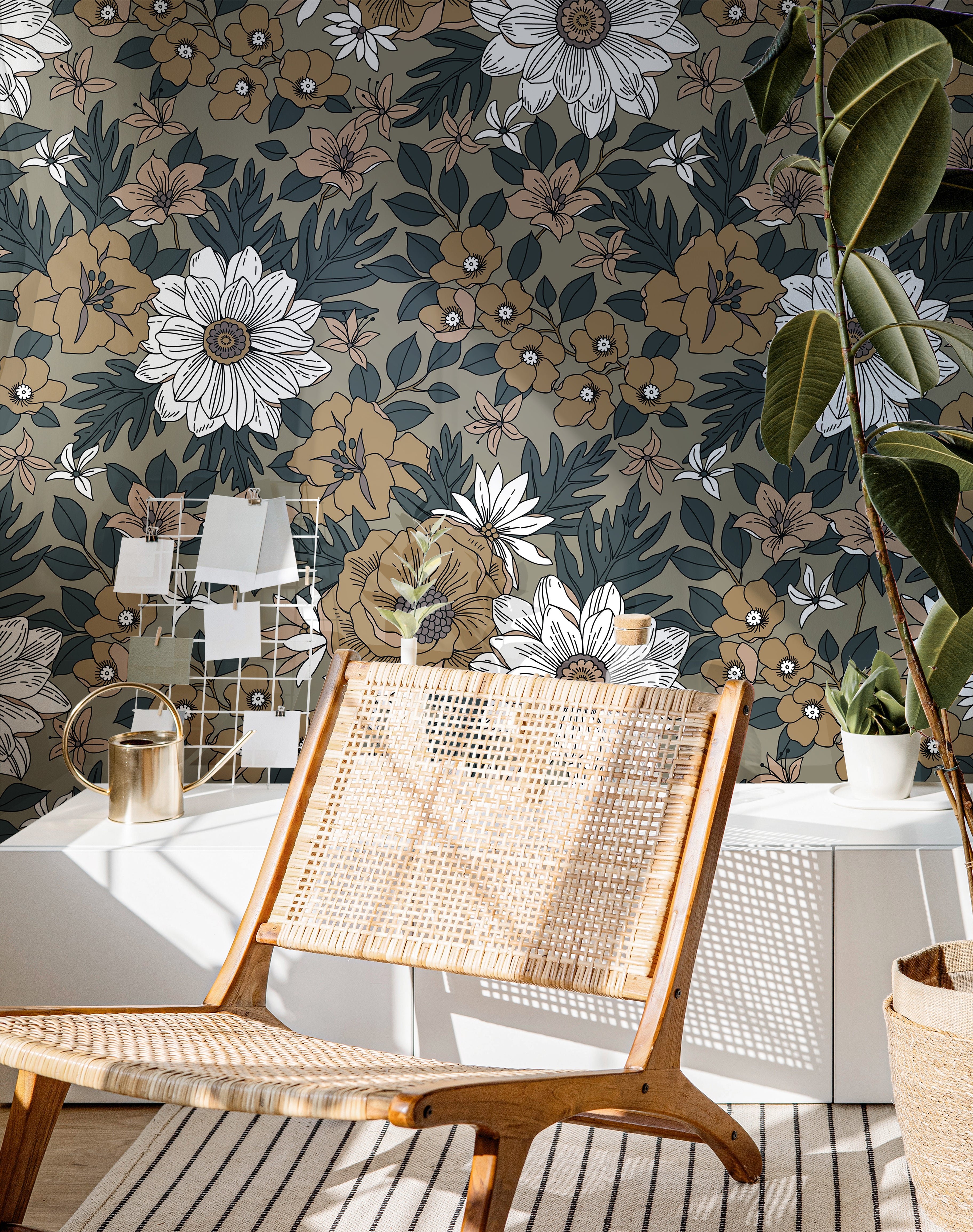  Dark botanical wallpaper with earthy floral tones styled in a bright modern room with woven textures and natural light.